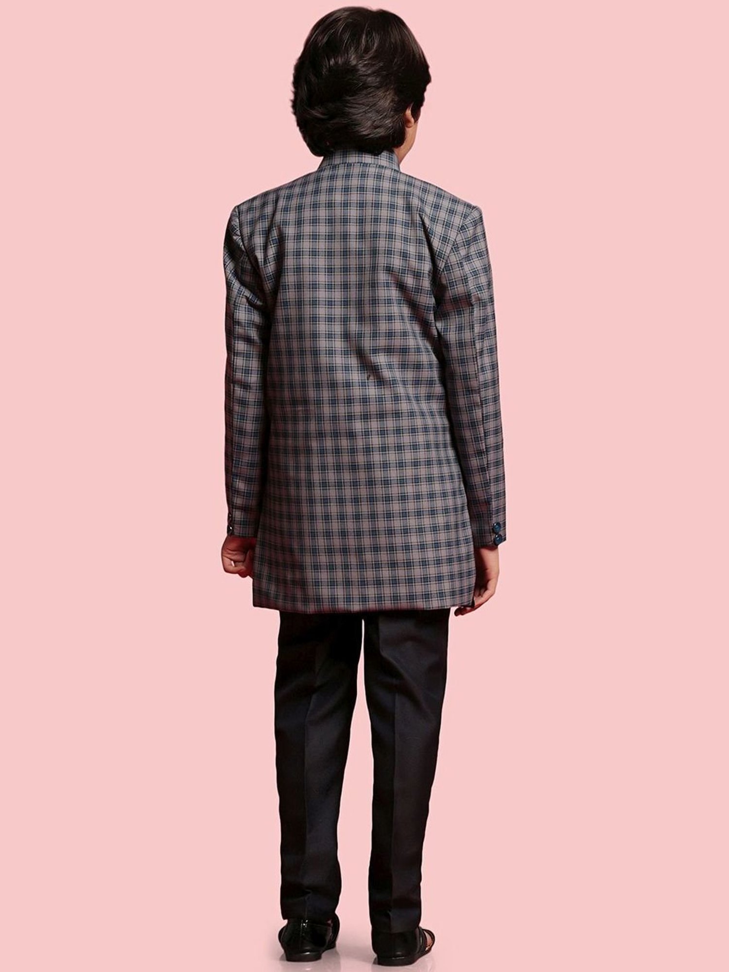 AJ Dezines Kids Blue & Black Chequered Full Sleeves Blazer Set