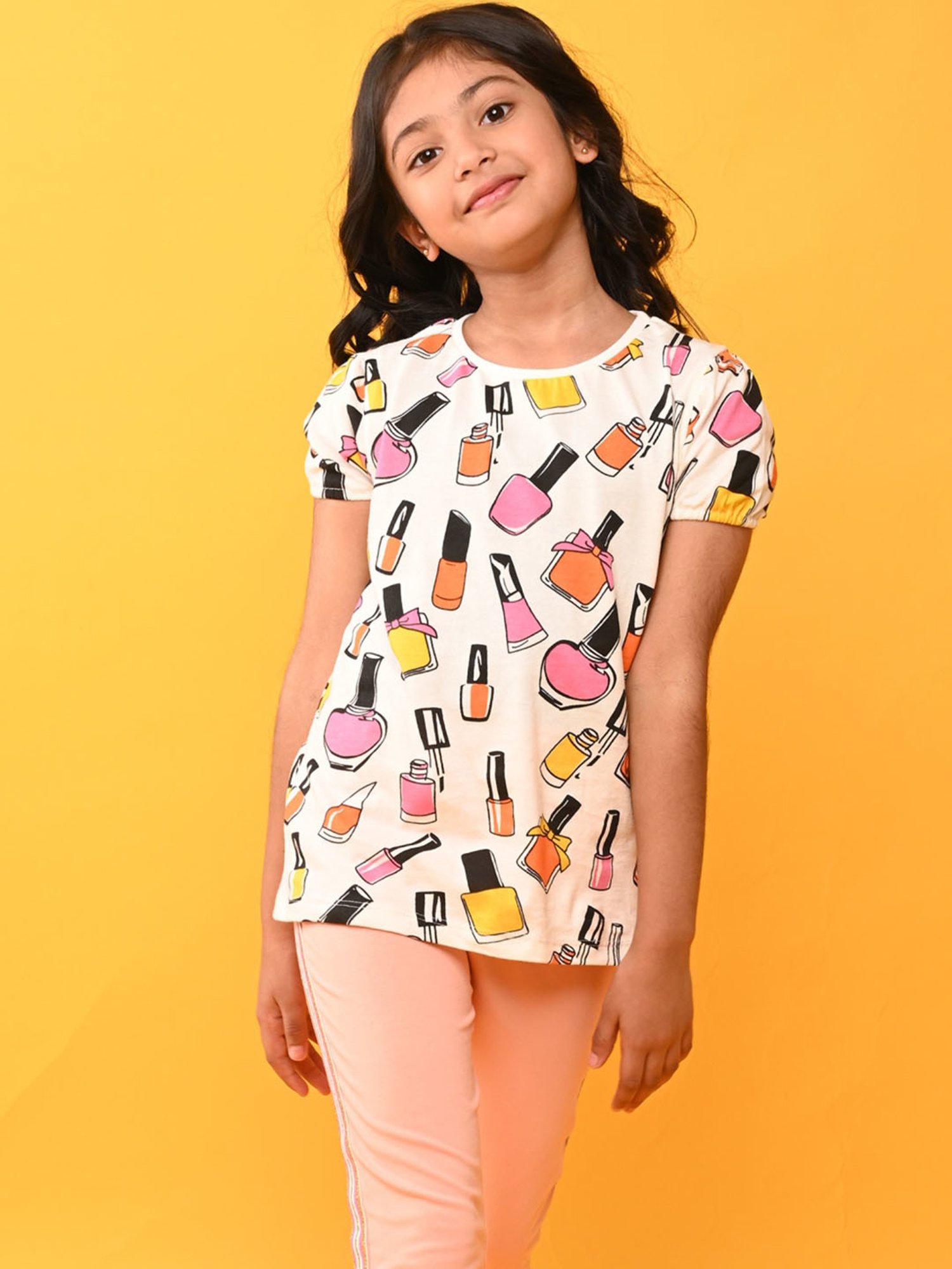 Anthrilo Girls White & Peach Cotton Printed T-Shirt Set