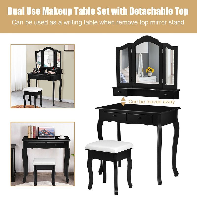 Costway Vanity Makeup Dressing Table Set W/Stool 4 Drawer&Mirror Jewelry Wood Desk Black