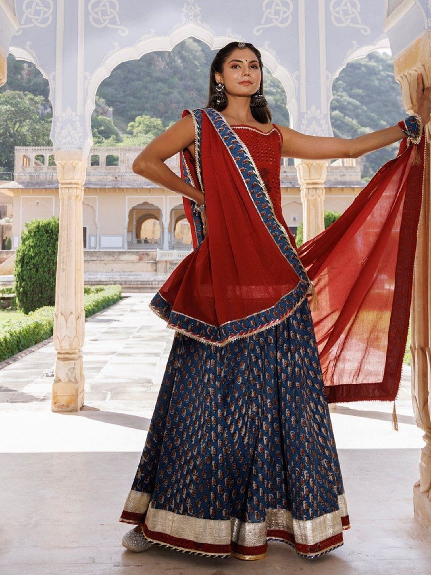 Geroo Jaipur Indigo-Red Pure Cotton Hand Block Printed Skirt Set