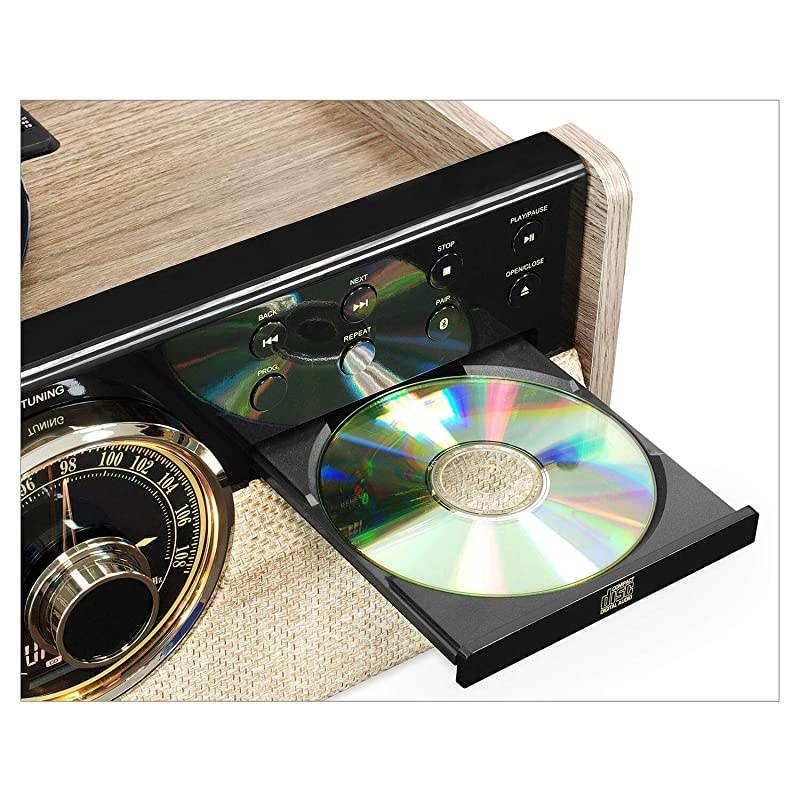 6-in-1 Wood Bluetooth Mid Century Record Player with 3-Speed Turntable, CD, Cassette Player and Radio