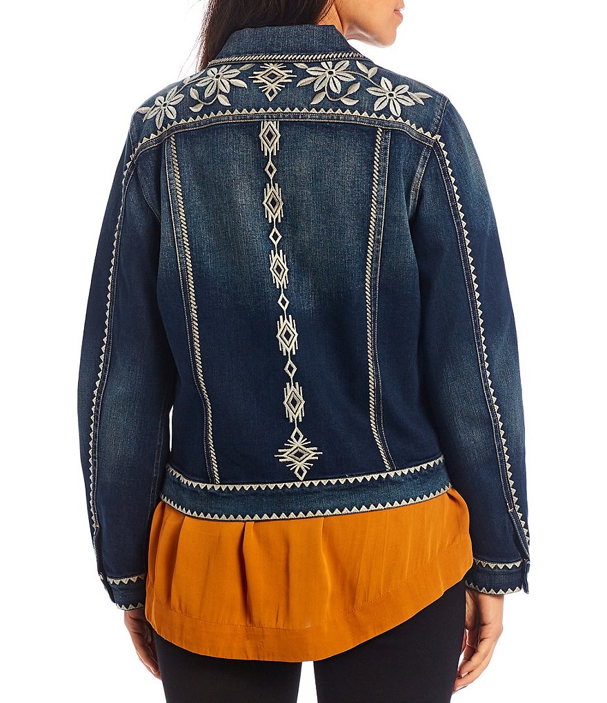 John Mark Long Cuff Sleeve Point Collar Neck Floral Embroidered Denim Jacket