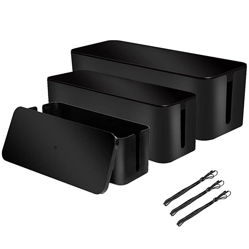 of 3 3 Cable Management Boxes + 3 Wire Ties Large Cord Box Organizers to Hold and Hide Power Strip Charger Adapter Power Cord Charging Station USB HUB Black