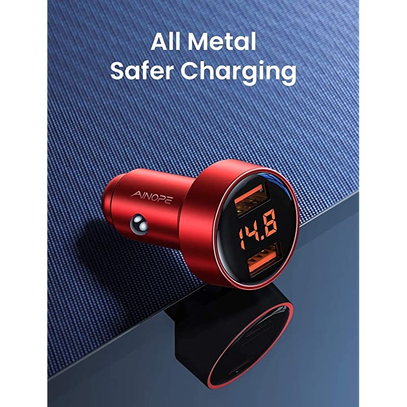 Car Charger Adapter,  Dual QC3.0 Port 6A/36W USB Car Charger All Metal Cigarette Lighter USB Charger Voltage Display Compatible with 11/11 pro/XR/X/XS/8, Galaxy Note 8/S9/S10+/S8 - Red