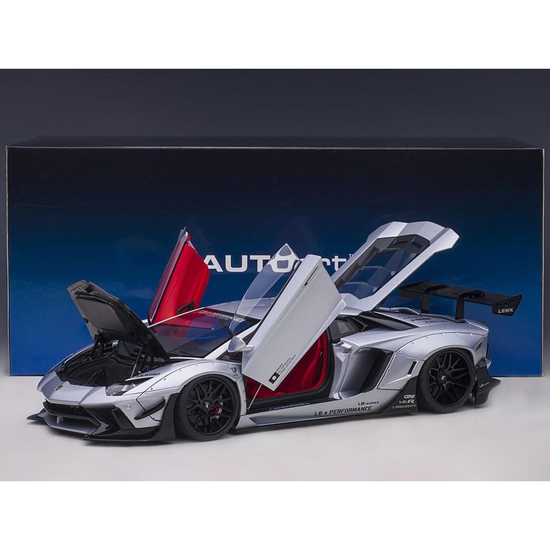 Lamborghini Aventador Liberty Walk LB-Works Matt Silver with Black Hood & Red Interior Limited Edition 1/18 Model Car by Autoart