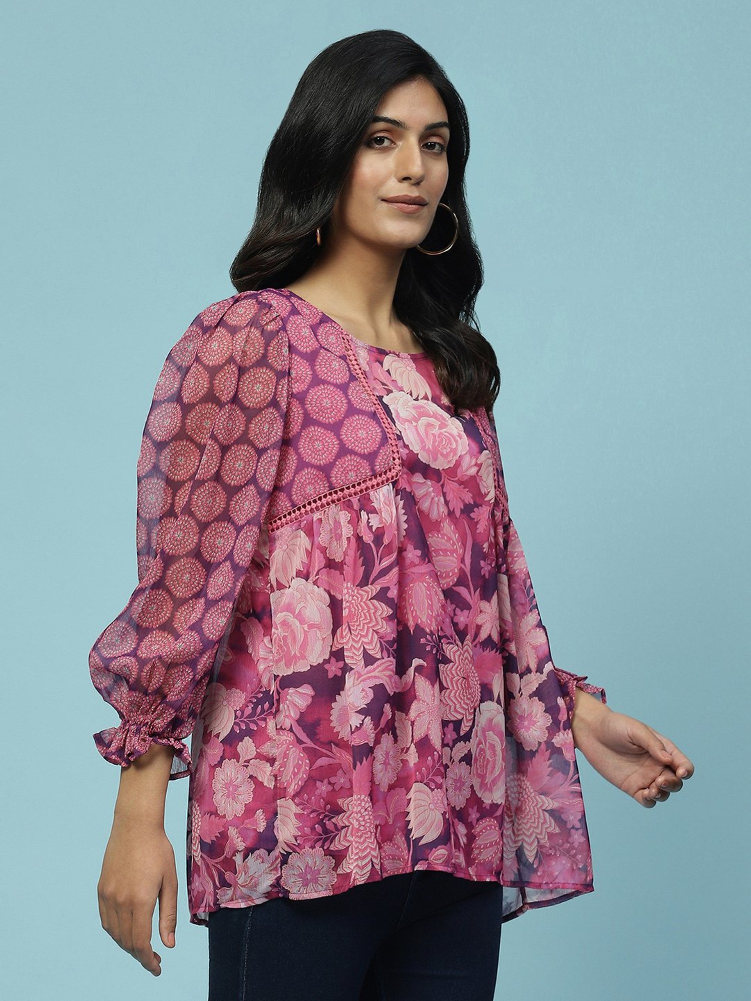 aarke Ritu Kumar Purple & Pink Floral Print Top With Camisole