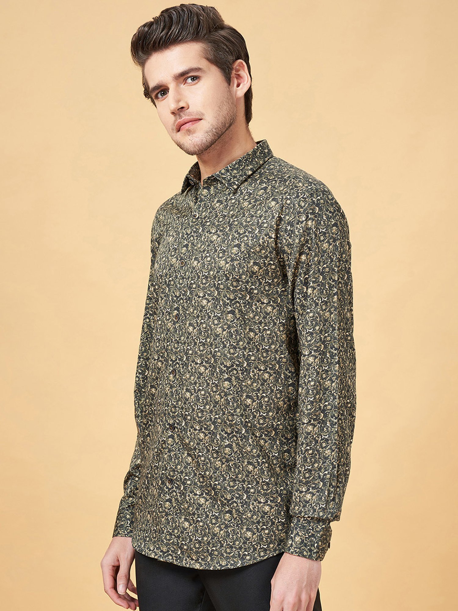 Peregrine by Pantaloons Jet Black Slim Fit Printed Shirt