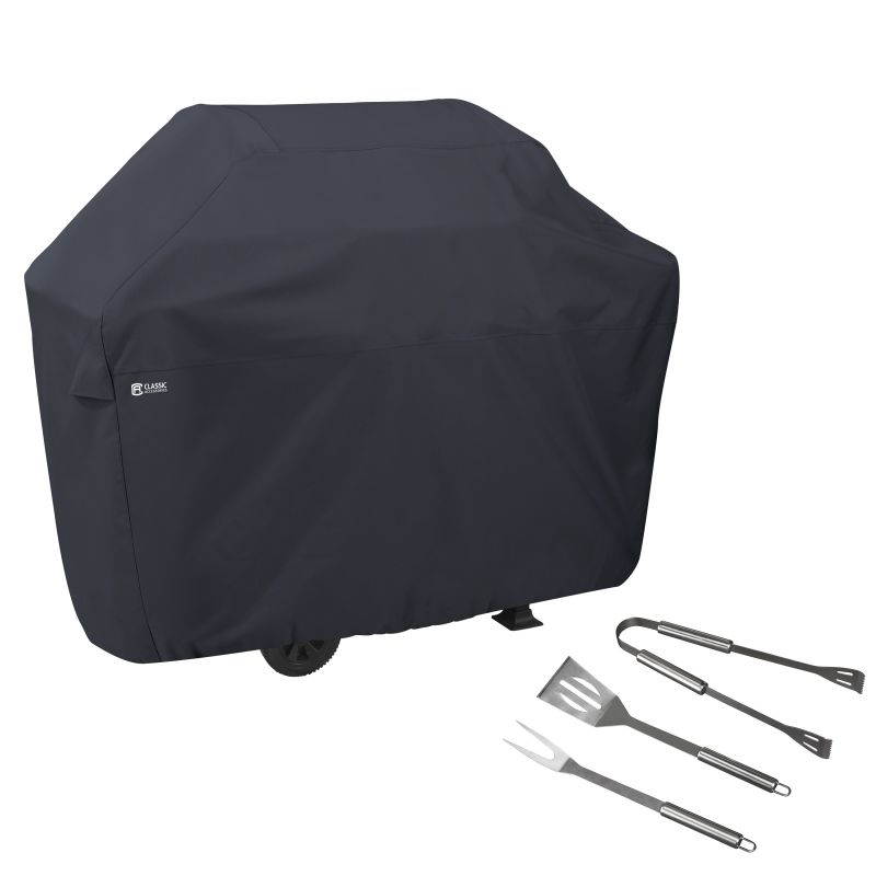 Classic Accessories 55-308-TOOL-EC BBQ Grill Cover with Grill Tool Set - Grilling Spatula, Tongs & Fork, Black - Extra Large