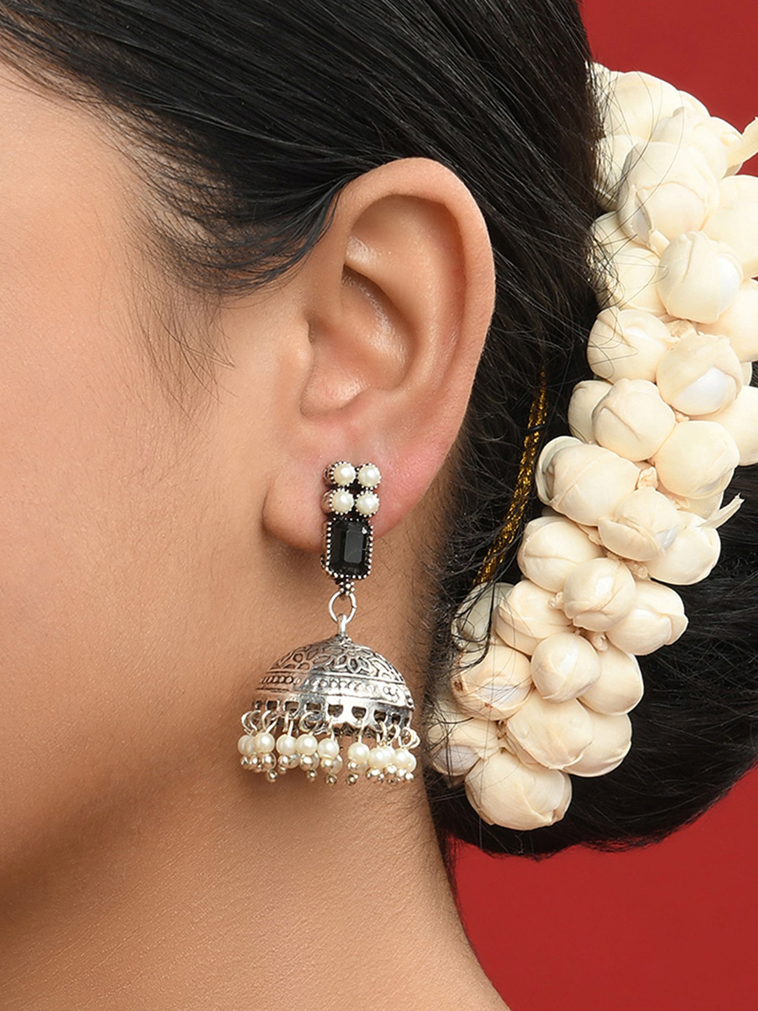 Fida Black Stone Dome Black and Pearl White Jhumki Earrings