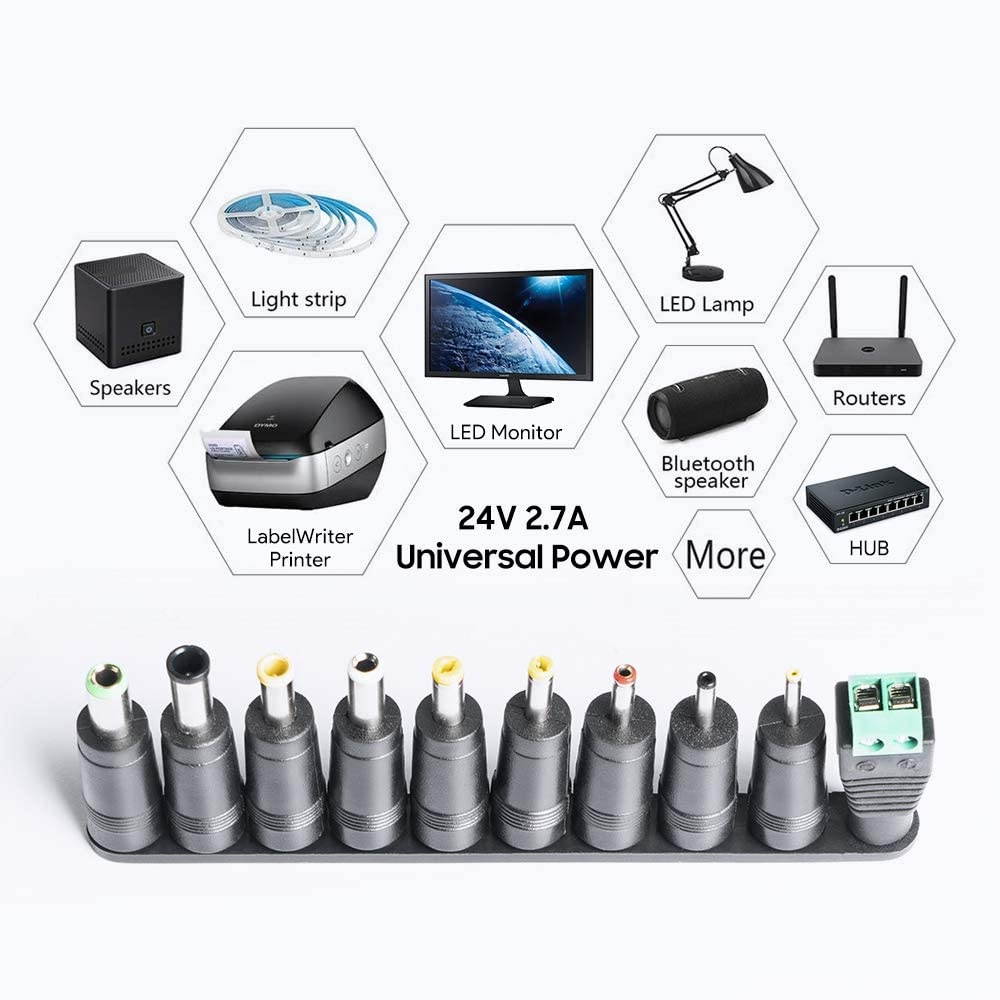 KFD Universal AC Adapter 24V 2.7A With 10 Tips 6530/6544/5530/5525/4817/4017/35135/3010/2507/LED Connector Power Supply for LED Strip Lights/Router/CCTV Camera Harman Kardon SB16 SB15 Soundbar Speaker