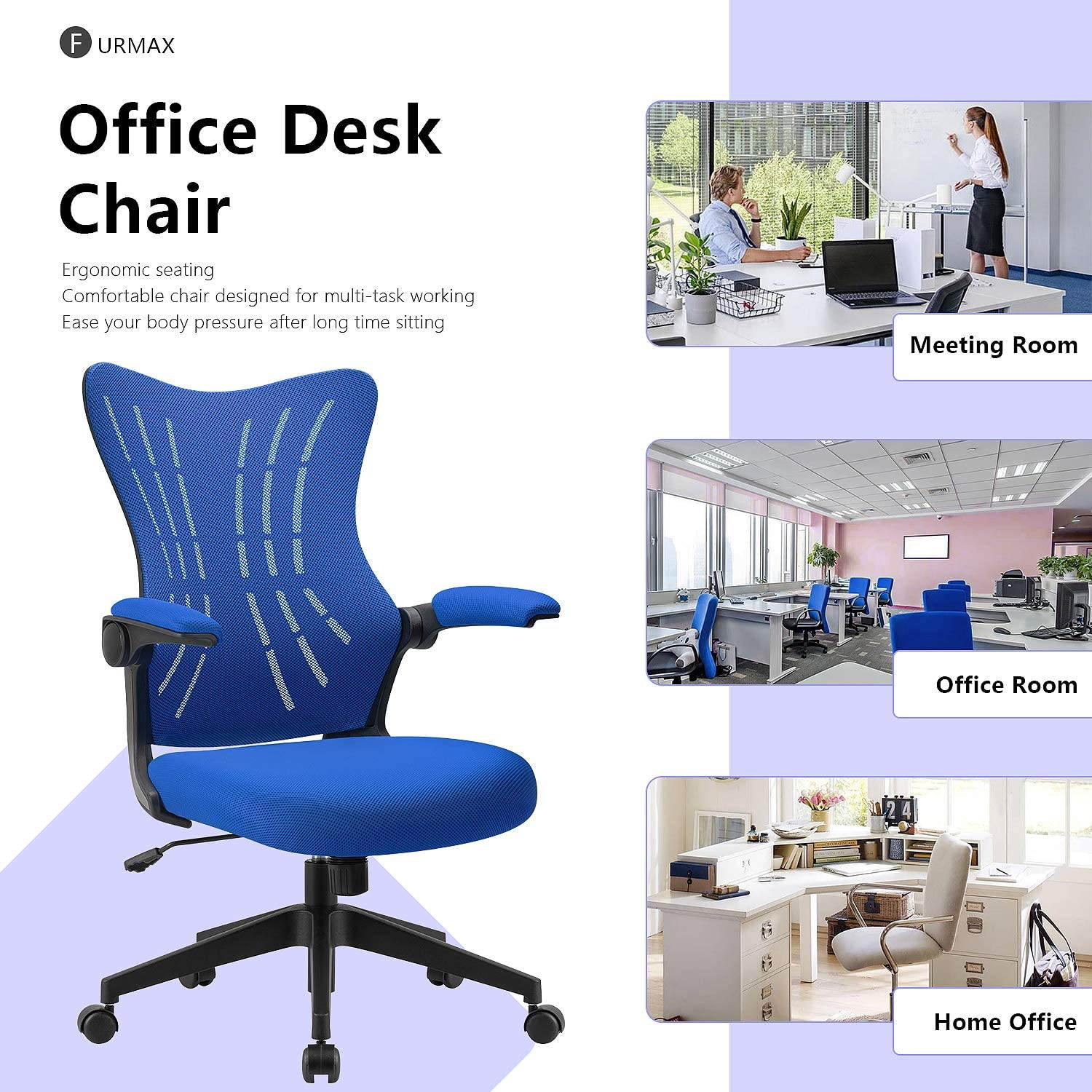 Furmax Office Desk Chair with Flip Up Arms, Mesh Mid Back Computer Chair Swivel Task Chair with Ergonomic Lumbar Support (White)