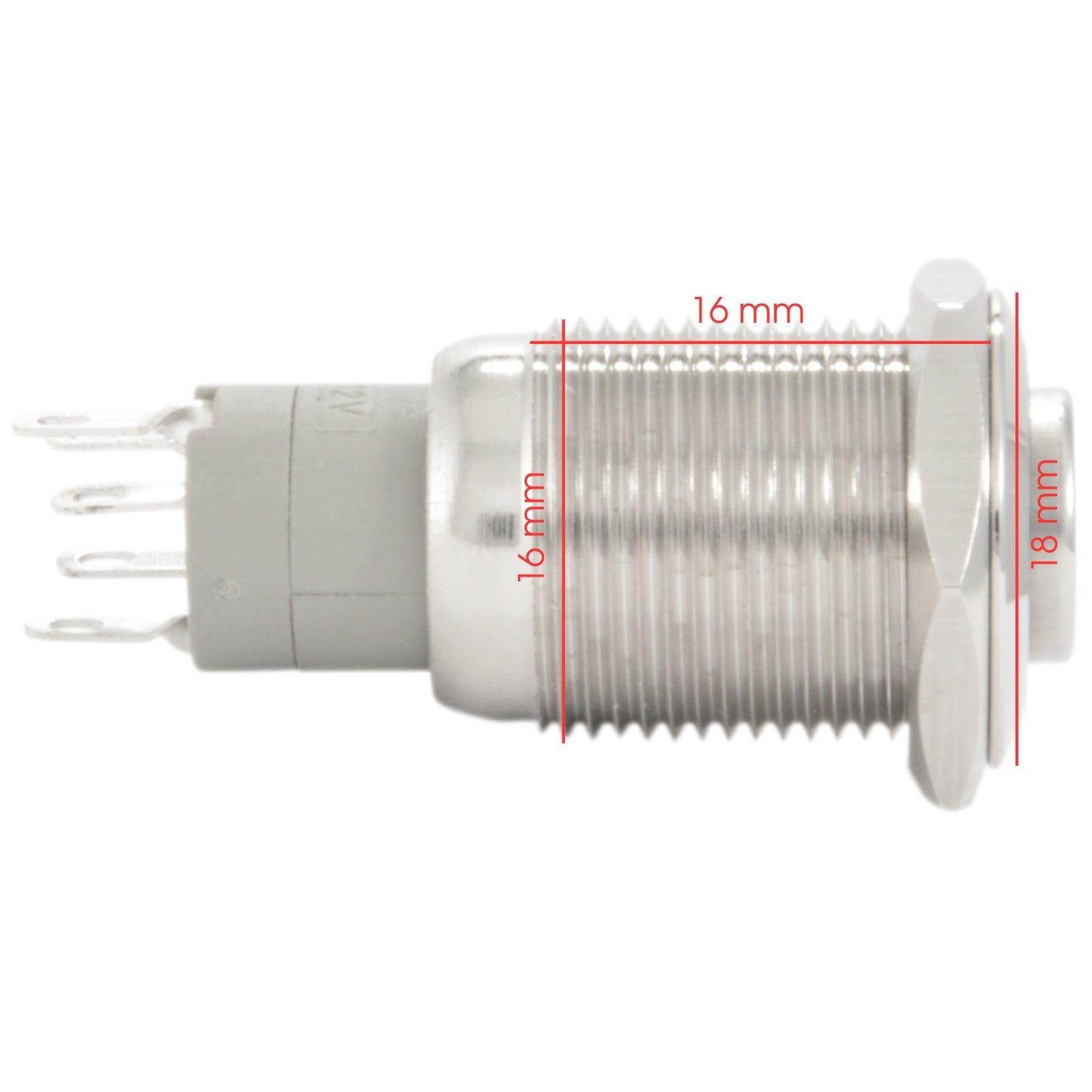 16mm Latching Push Button Power Switch Stainless Steel w/ Green LED Waterproof