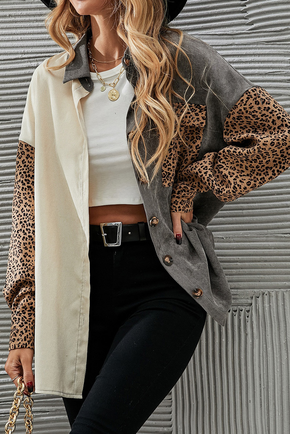 Gray Color Block Leopard Patchwork Casual Corduroy Shacket