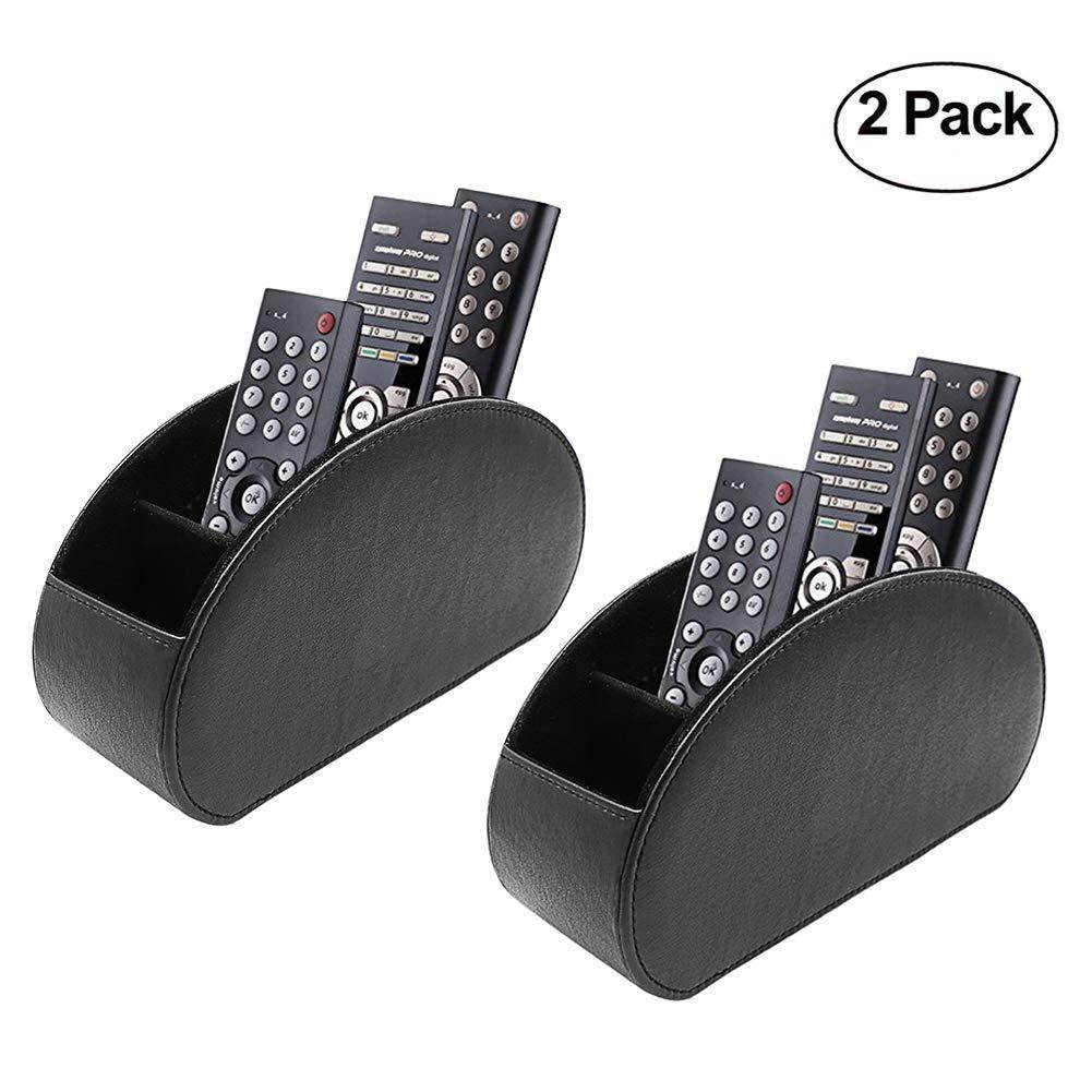 Fosinz Remote Control Holder Organizer Leather Control Storage TV Remote Control Organizer with 5 Spacious Compartments (Black 2 Pack)