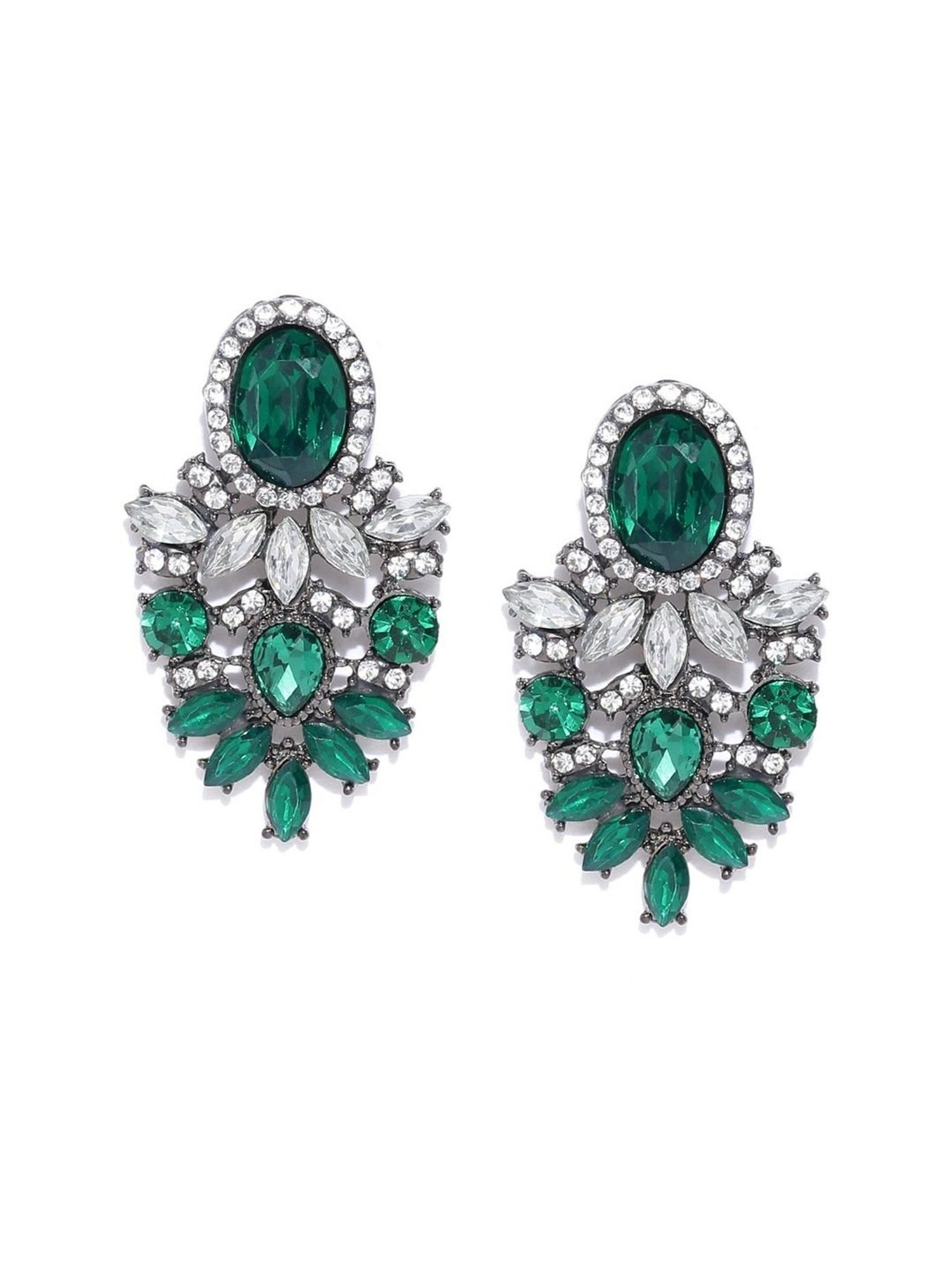 YouBella Silver Green & White Contemporary Stone Studded Dangler Earrings for Women