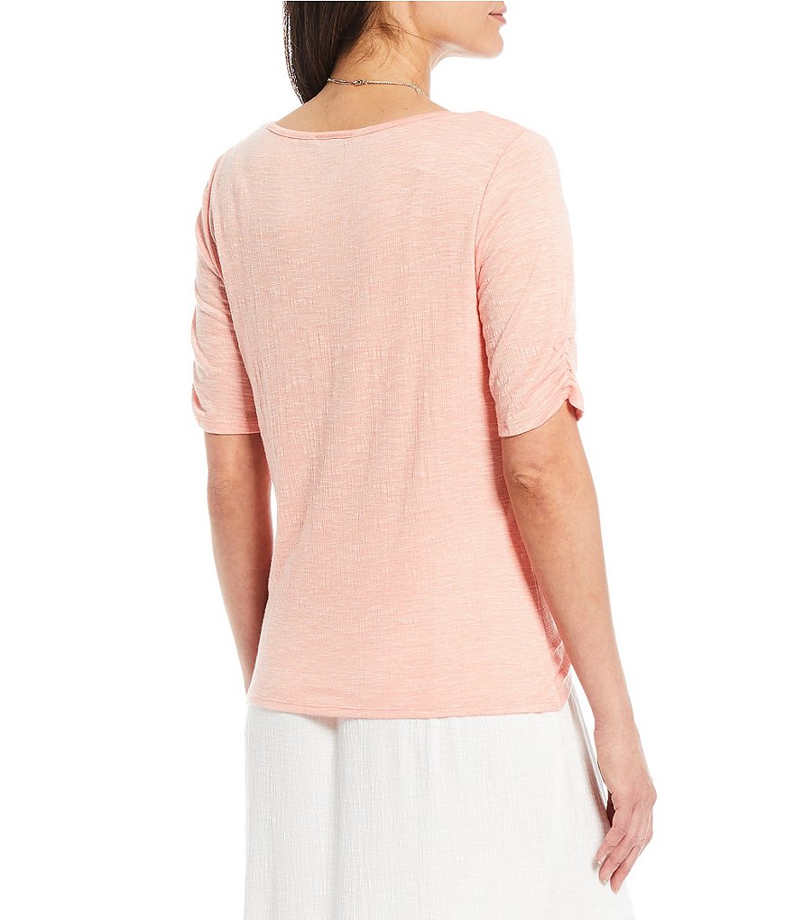 I.N. Studio Pucker Knit Ruched Short Sleeve Knot Front Detail Necklace Top