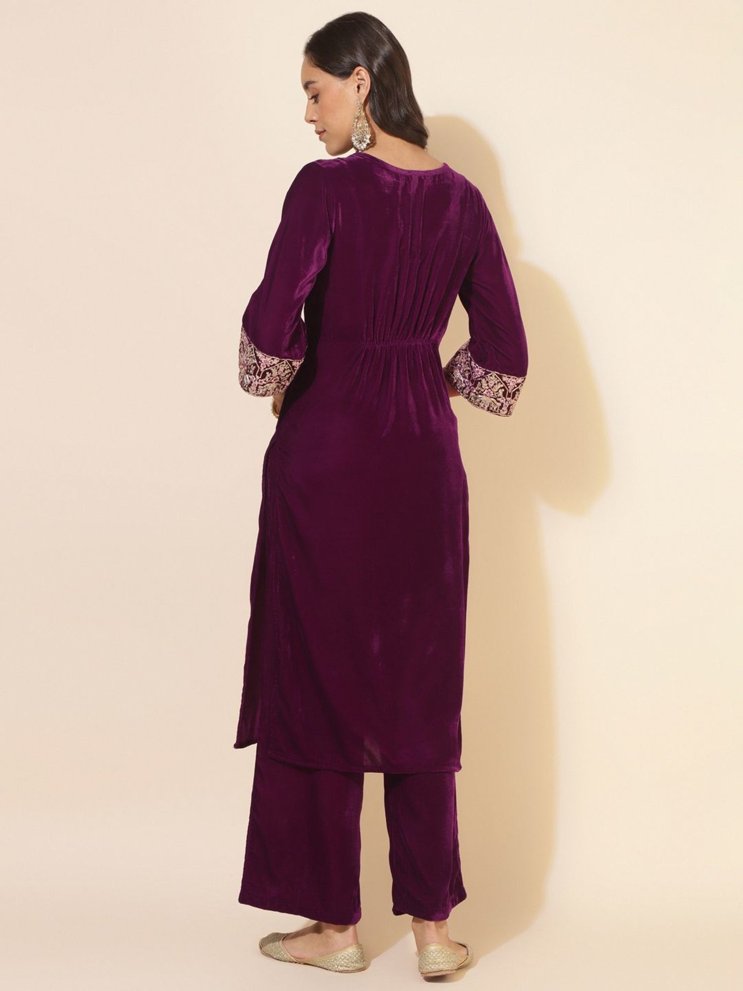 Janasya Purple Embroidered Kurta Palazzo Set