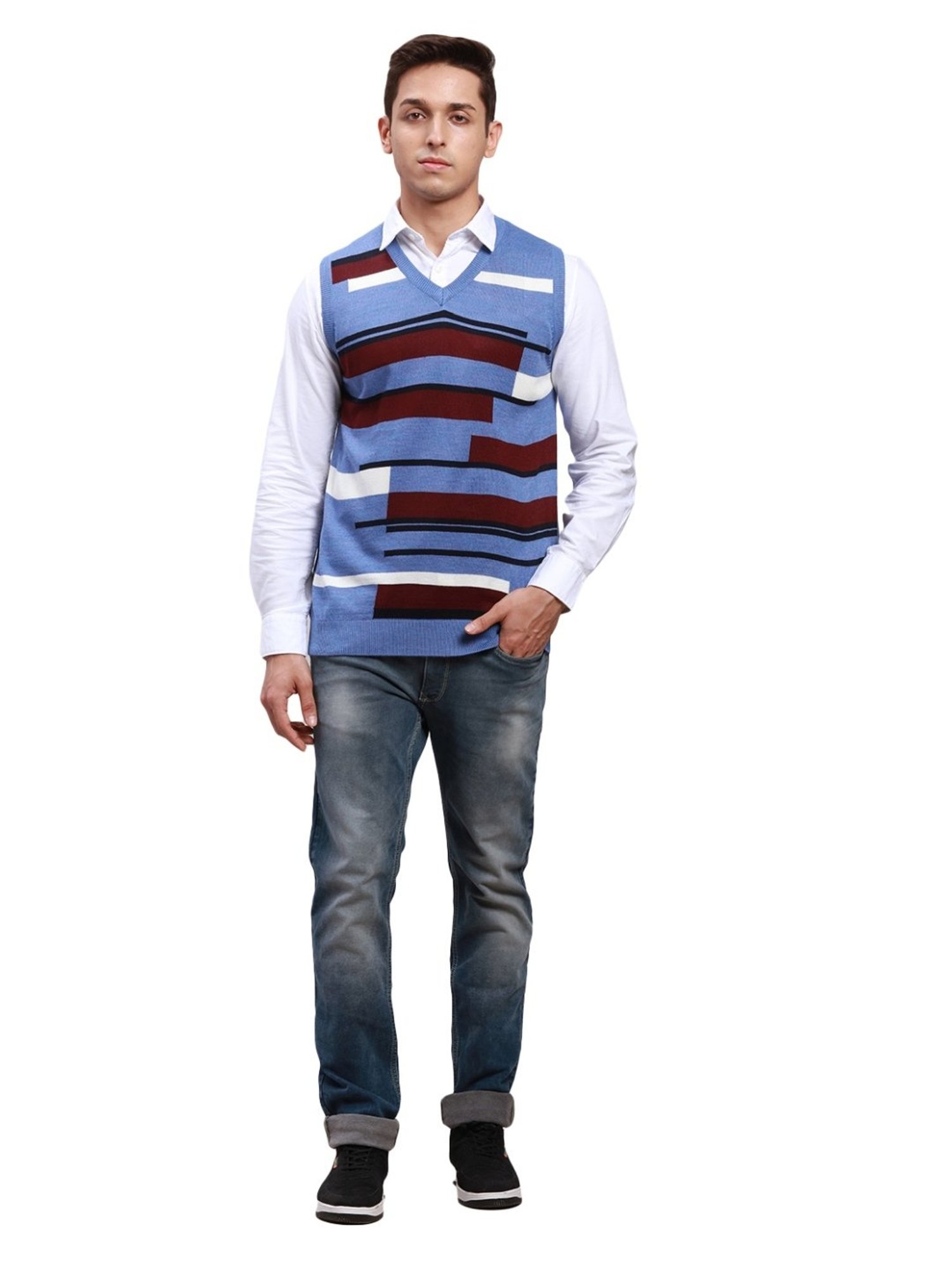 Parx Blue Regular Fit Self Pattern Sweater