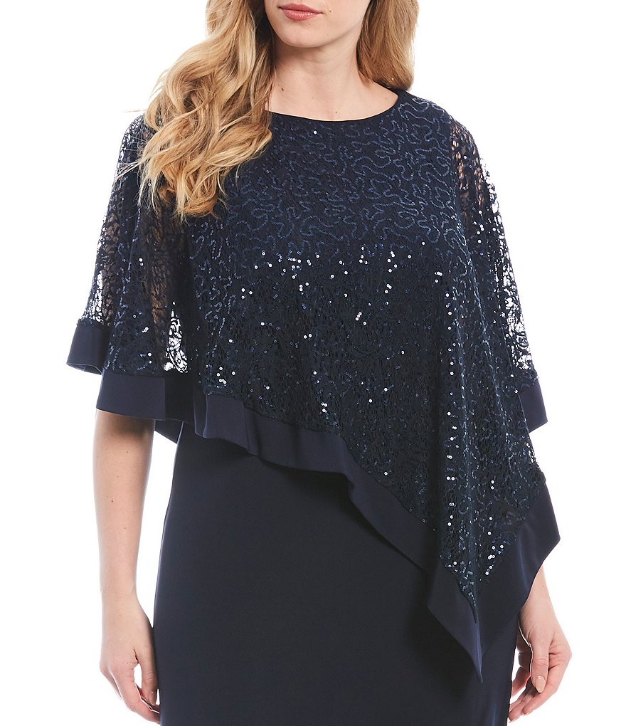 R & M Richards Plus Size Sequin Lace Poncho Overlay 2-Piece Gown