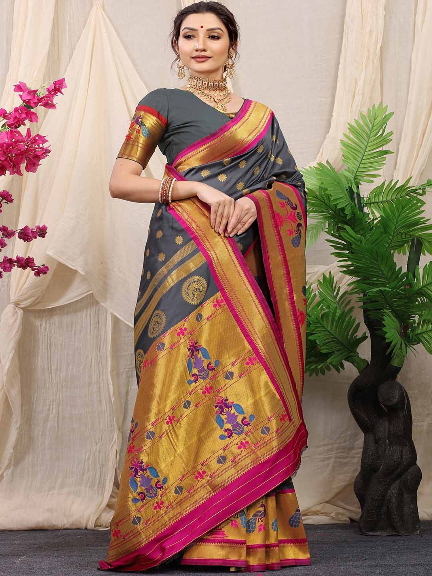 SHUBHKALA Grey Silk Woven Saree With Unstitched Blouse