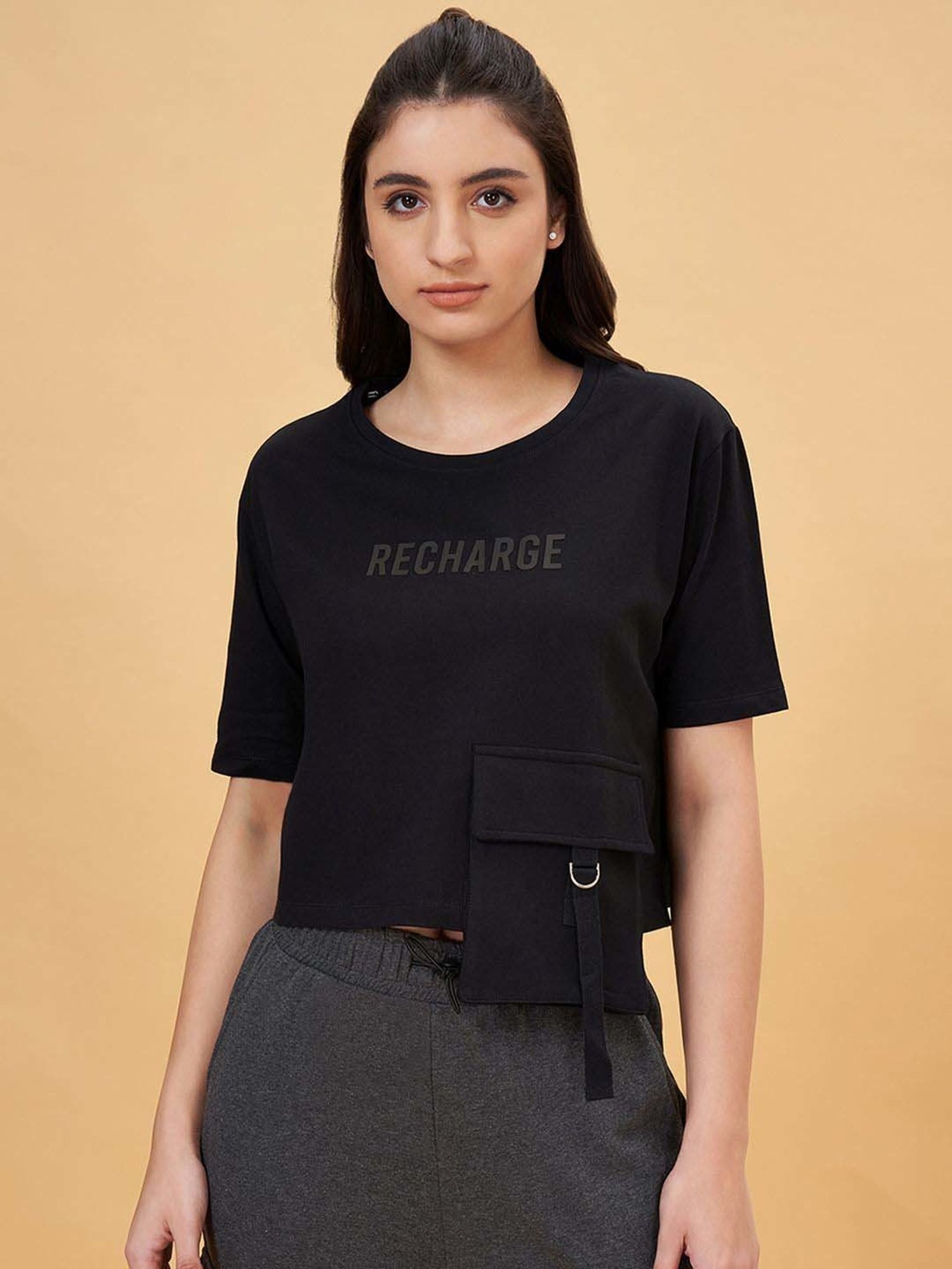 Ajile by Pantaloons Jet Black Cotton Printed T-Shirt