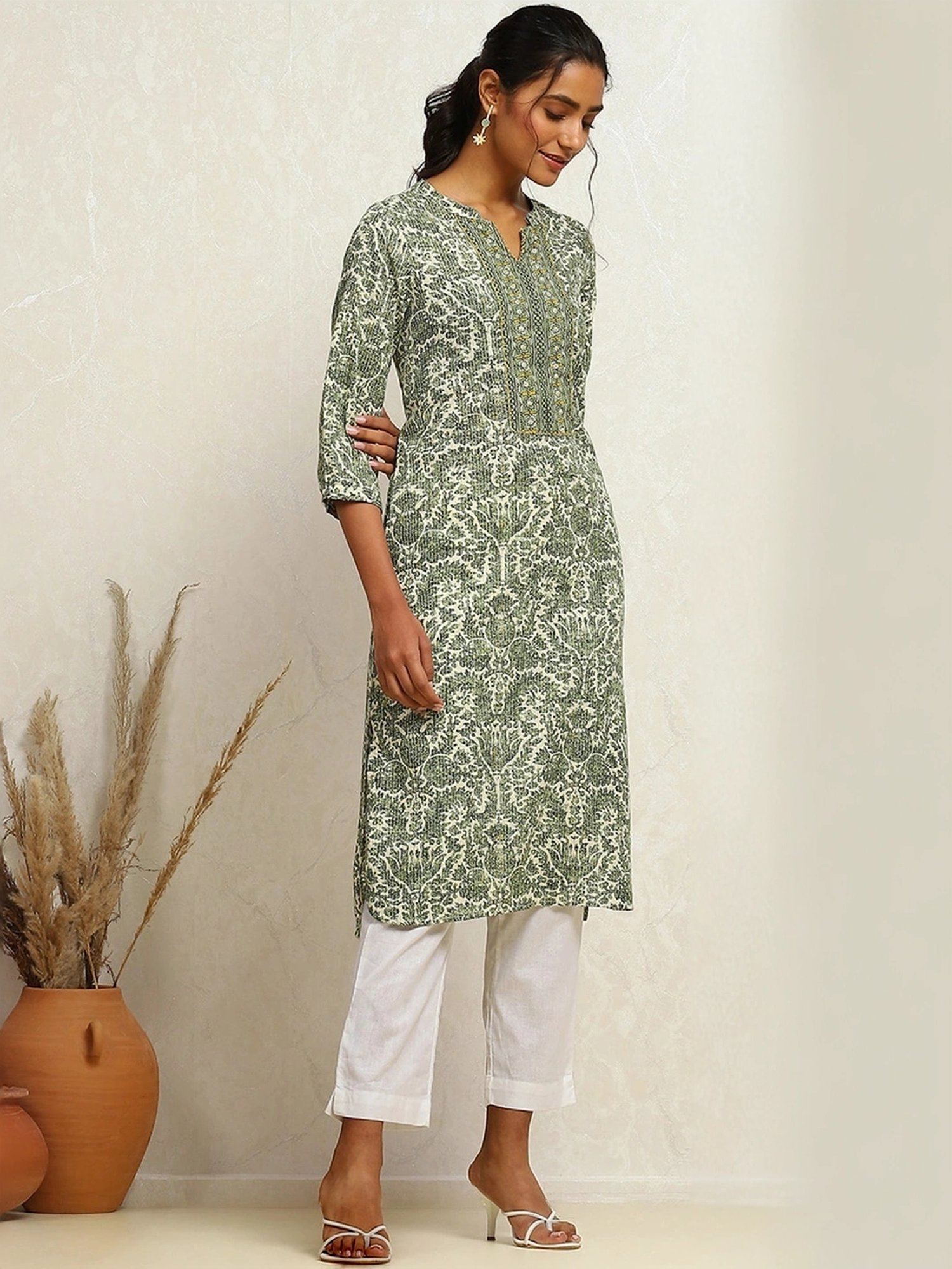 Biba Green Cotton Printed Straight Kurta