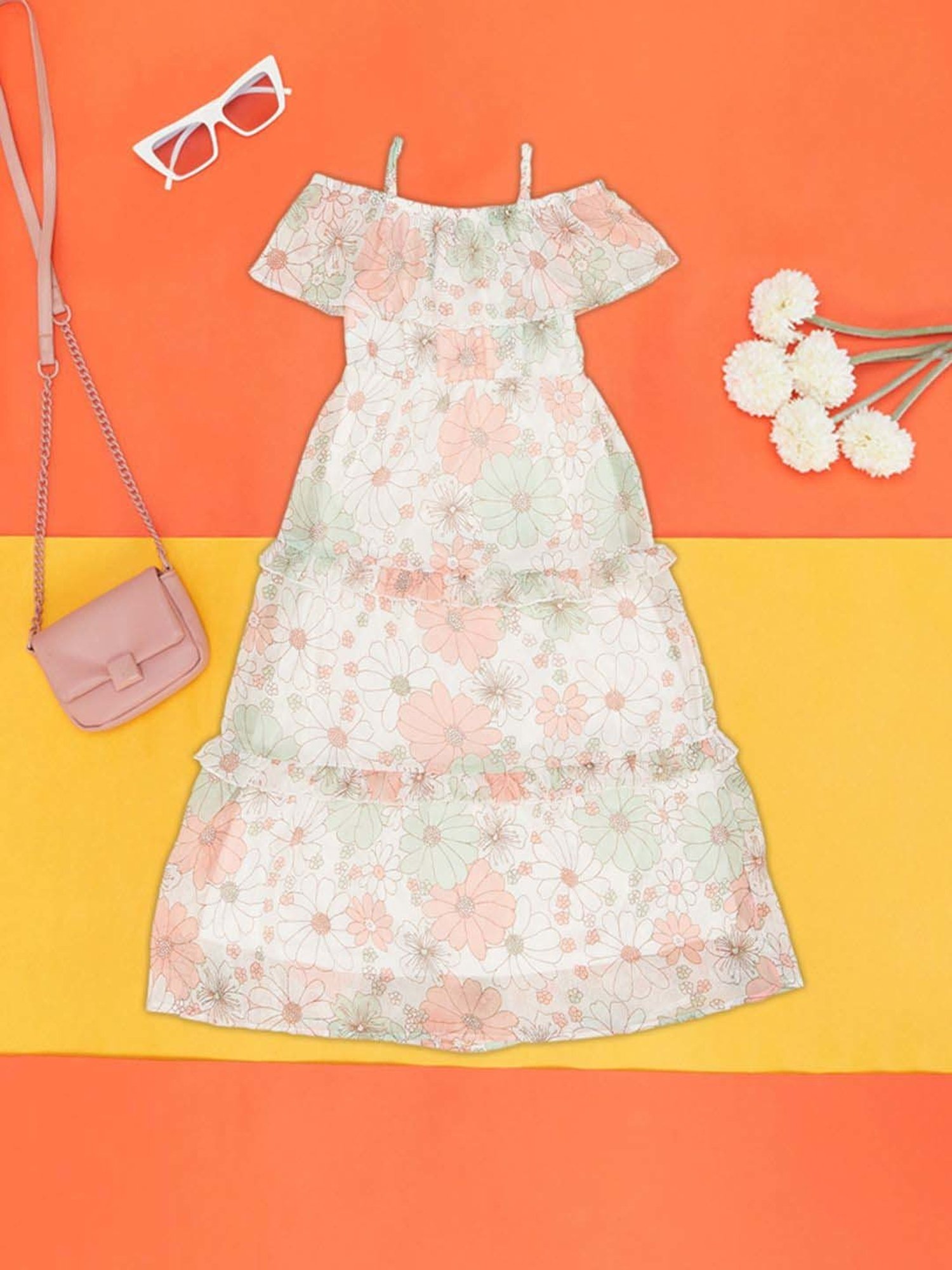 Pantaloons Junior Off-White & Pink Cotton Floral Print Dress