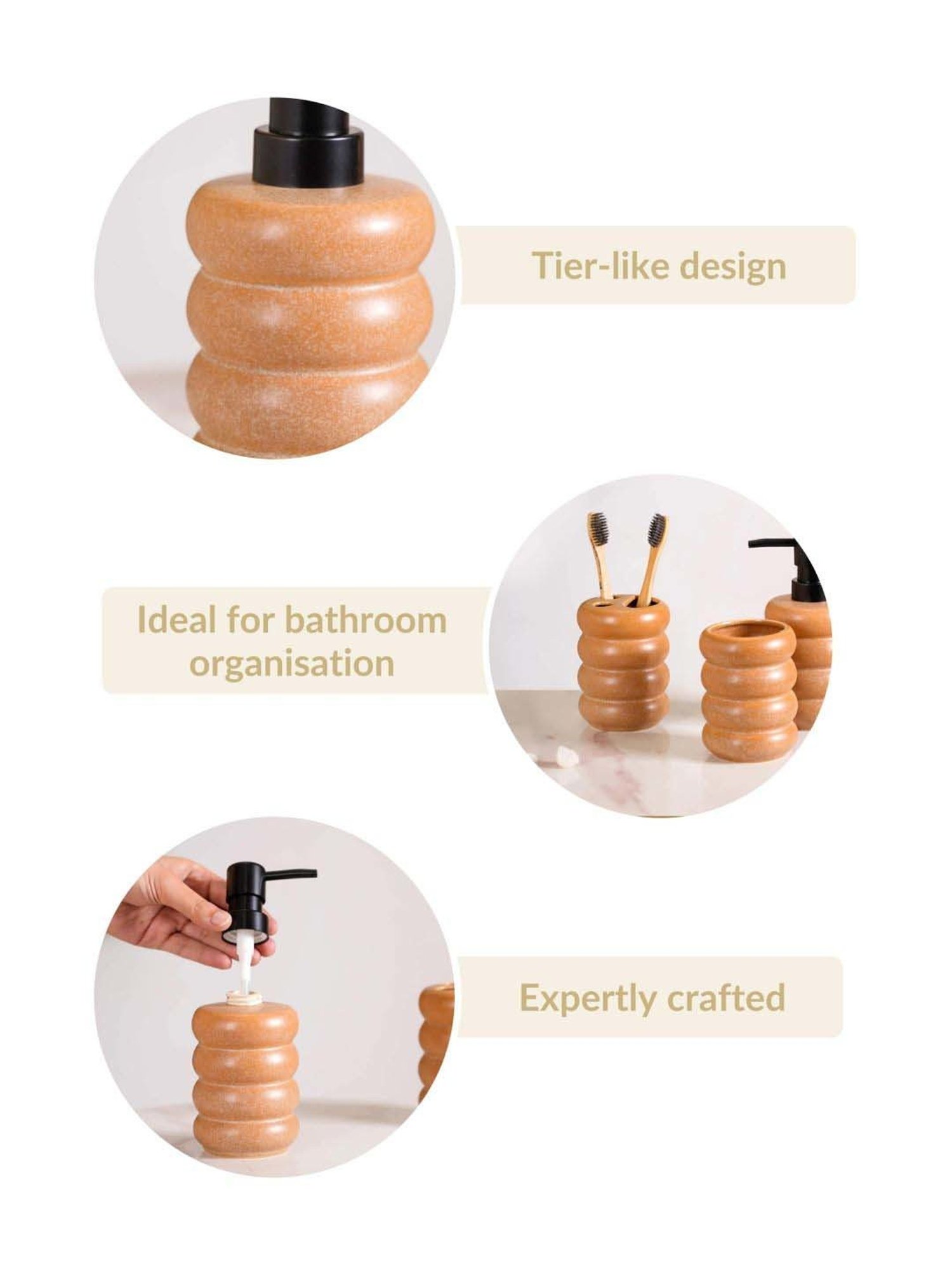 Nestasia Brown Color Abstract Stacked Tier-Like Ceramic Bathroom Accessories Set of 3
