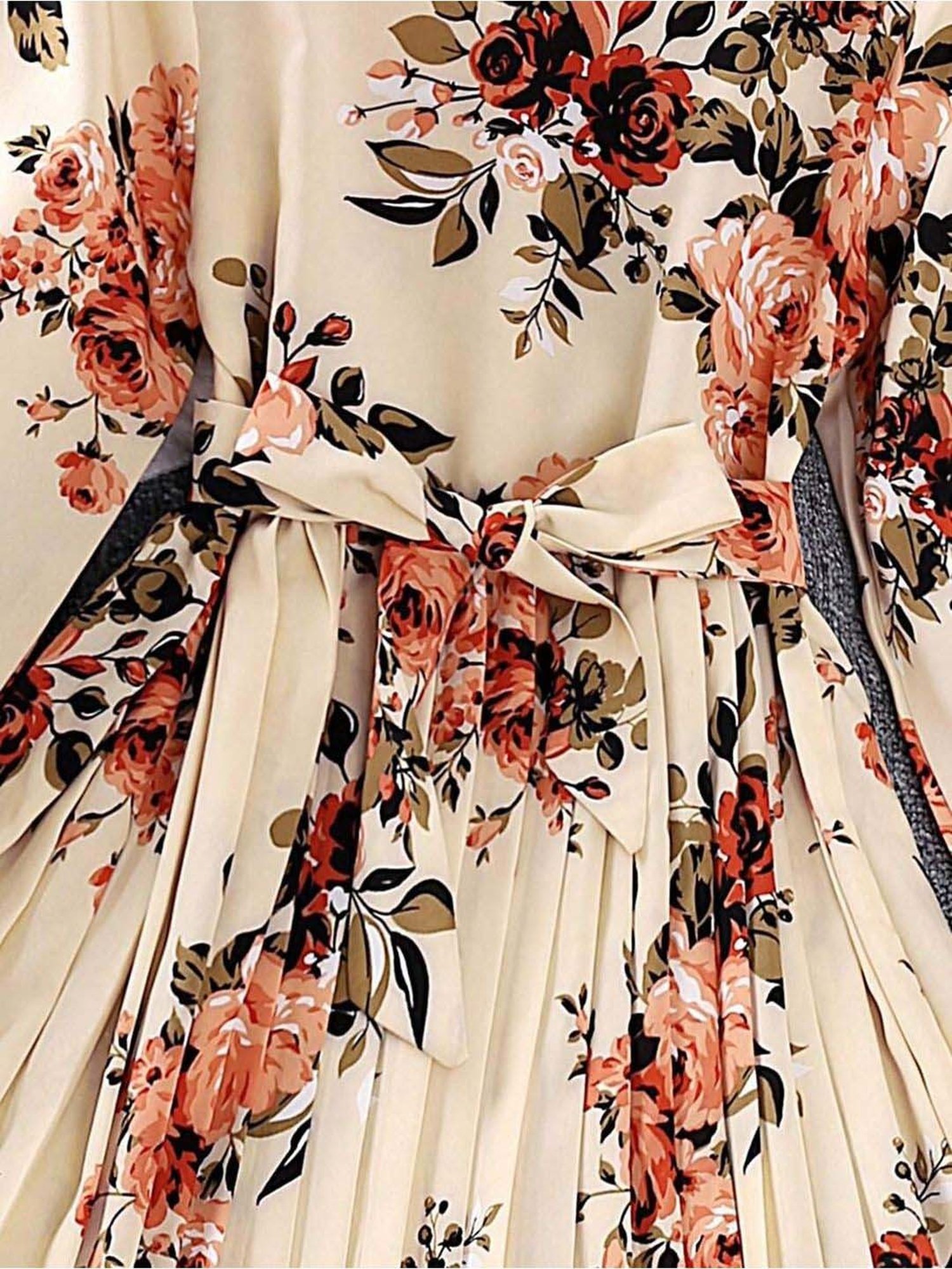 Bolly Lounge Girls Beige & Brown Floral Full Sleeves Dress