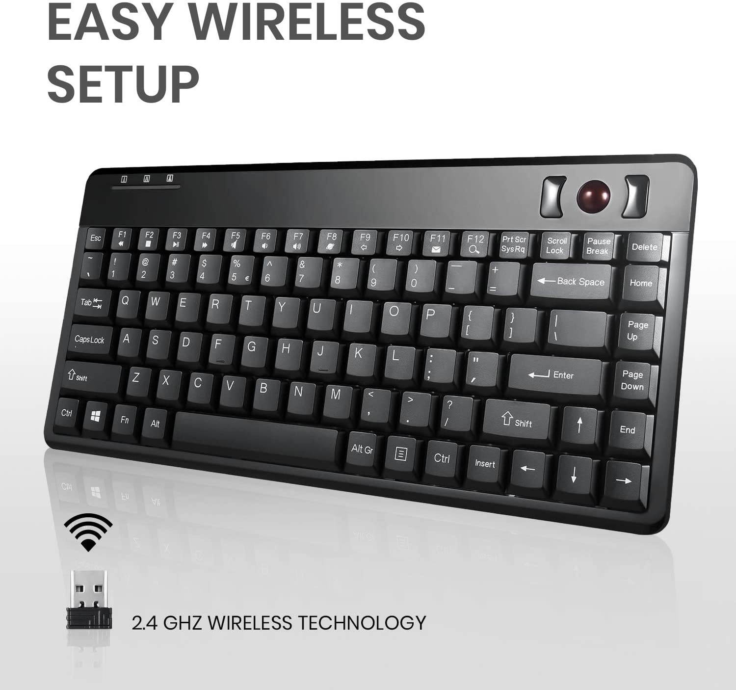 Perixx Periboard-706 Wireless Trackball Mini Keyboard, Build-in 0.55 Inch Trackball for Pointing Feature, Black, US English Layout (10532)