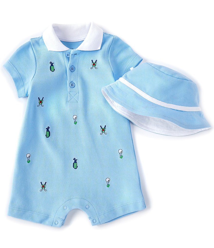 Little Me Baby Boys 3-12 Months Short-Sleeve Golf Schiffli Shortall and Hat Set