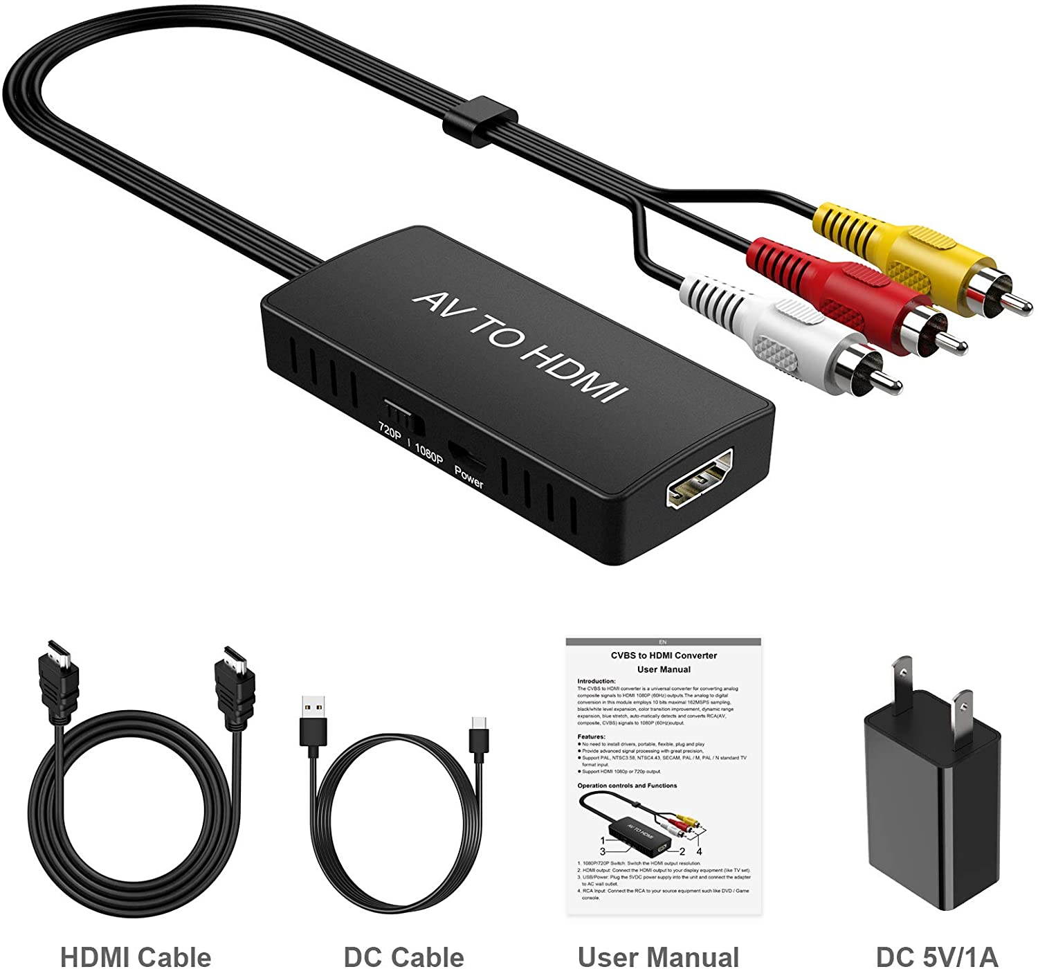 RCA to HDMI Converter, Analog Composite to HDMI Adapter, Compatible with PS One, PS2, PS3, Nintendo 64, STB, VHS, VCR, Blue-Ray DVD Players Projector, Support PAL/NTSC with USB Charge Cable