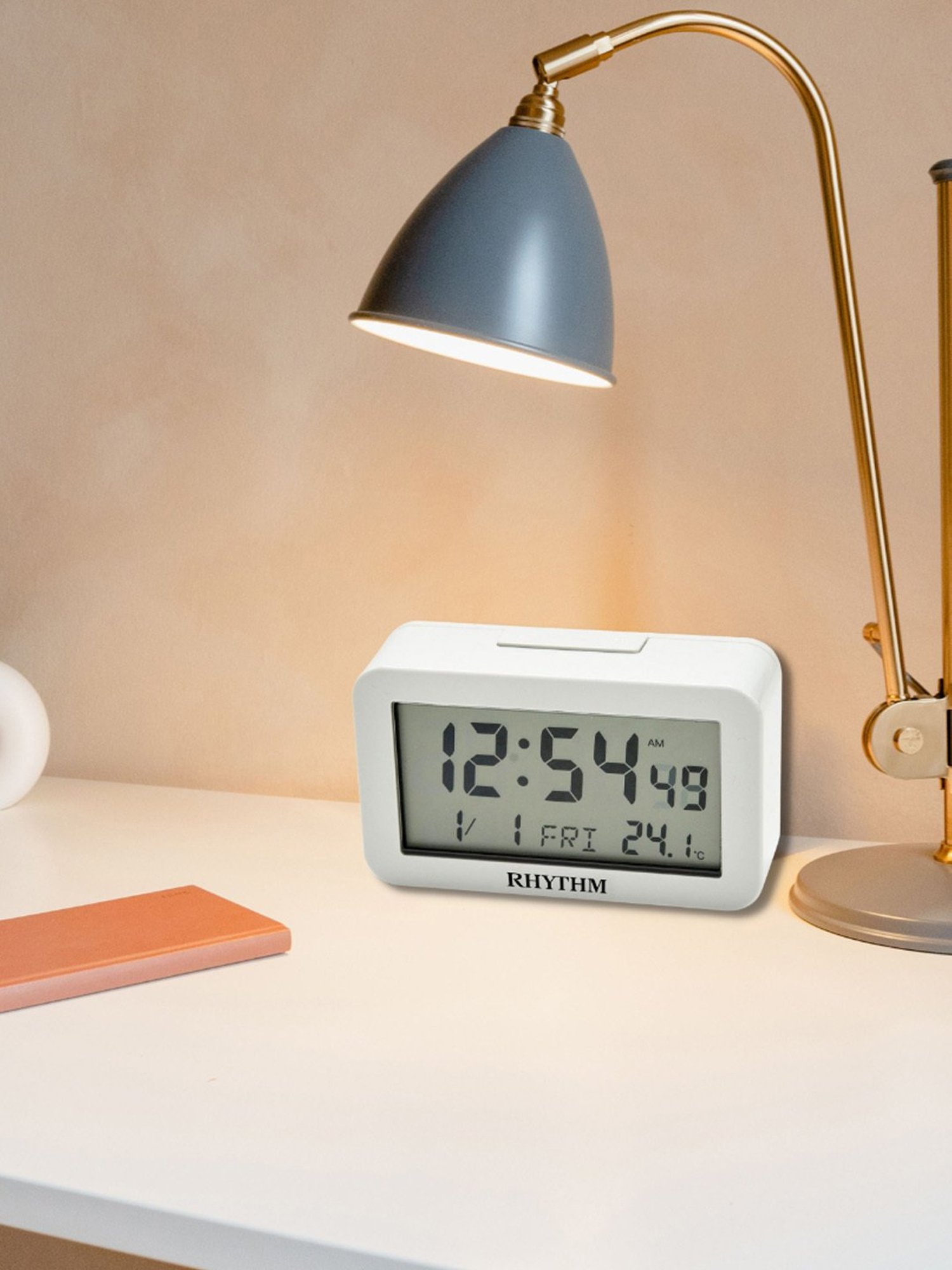 RHYTHM White Plastic Rectangular LED Light Beep Alarm Digital Table Clock