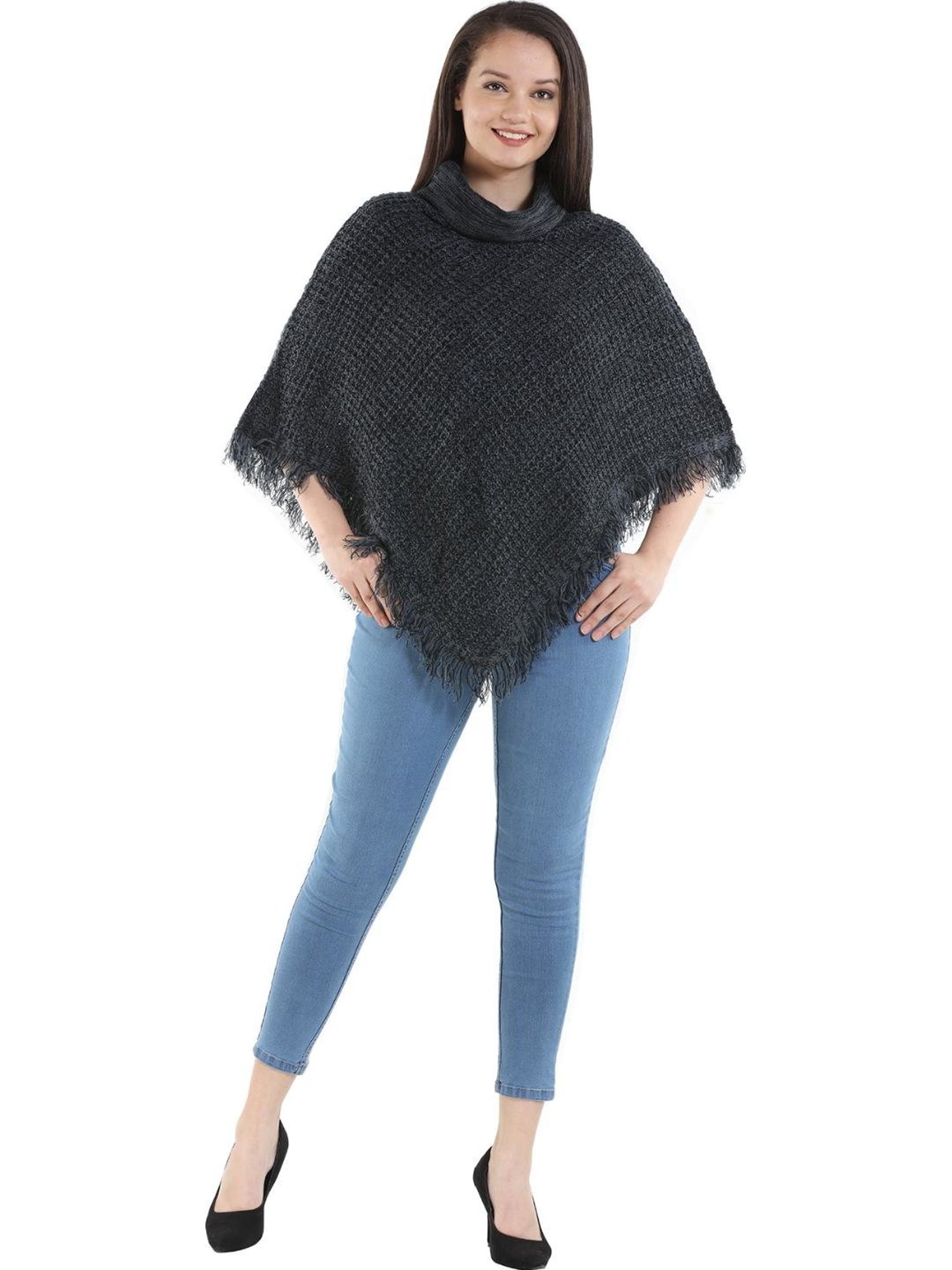 Mustard Black Textured Poncho