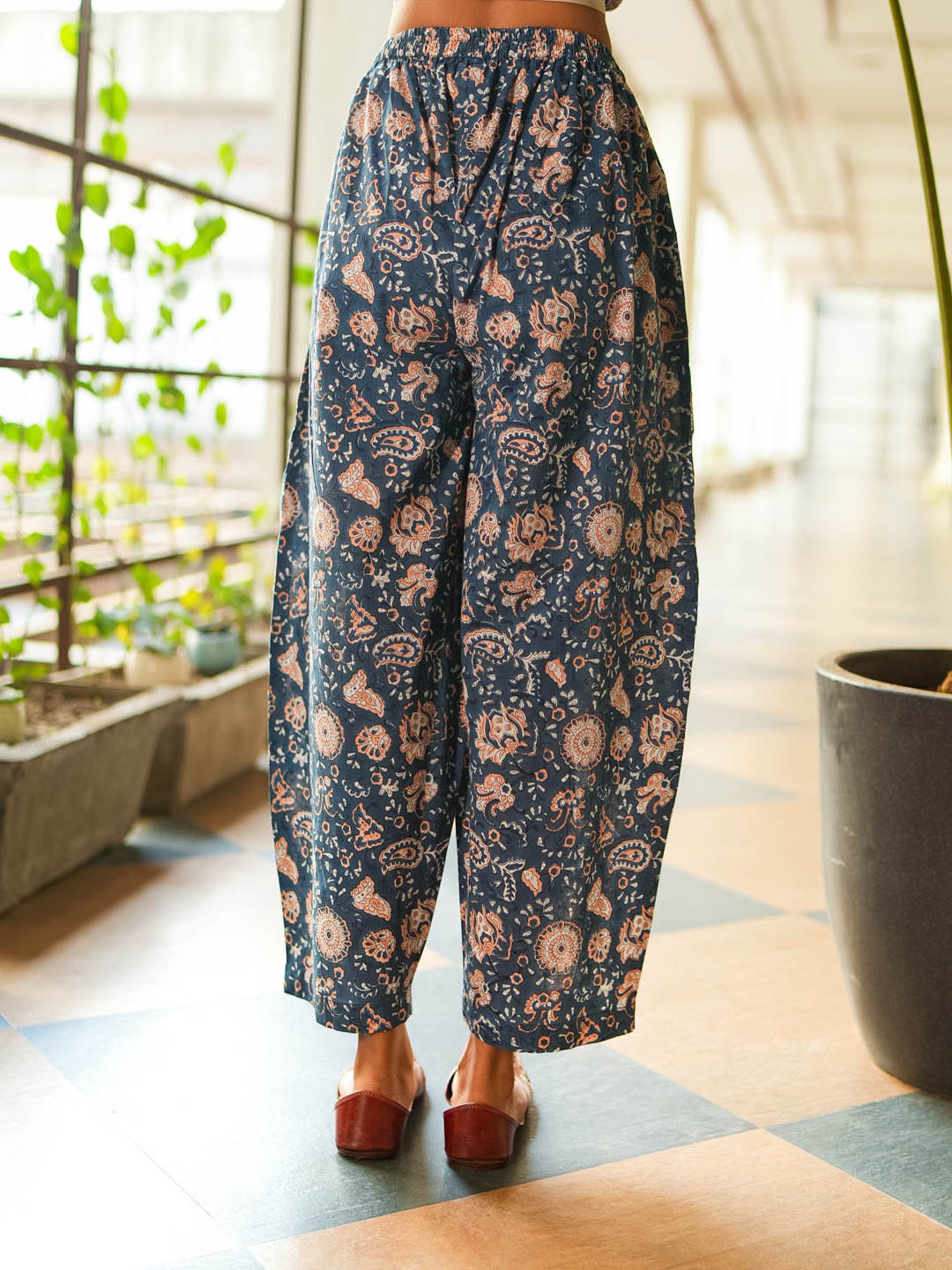 Akiso Blue Block Printed Gathered Trousers