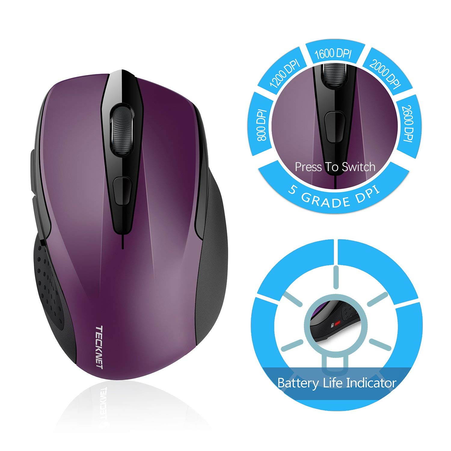 TeckNet 2600DPI Bluetooth Wireless Mouse, 24 Months Battery Life with Battery Indicator, 2600/2000/1600/1200/800DPI (Black)