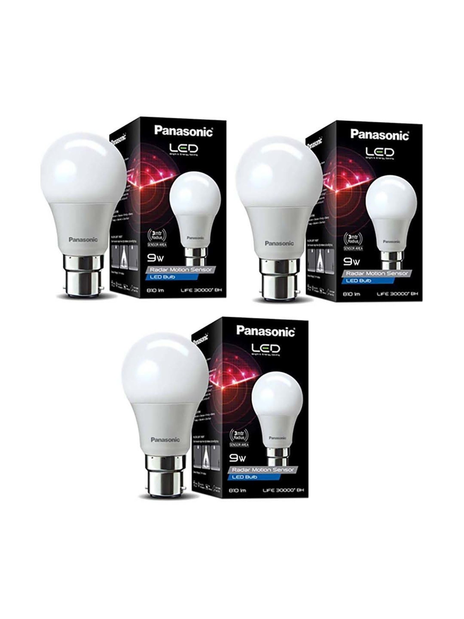 Panasonic B22 9Watt LED Bulb With Radar Motion Sensor - Pack of 3 (White)