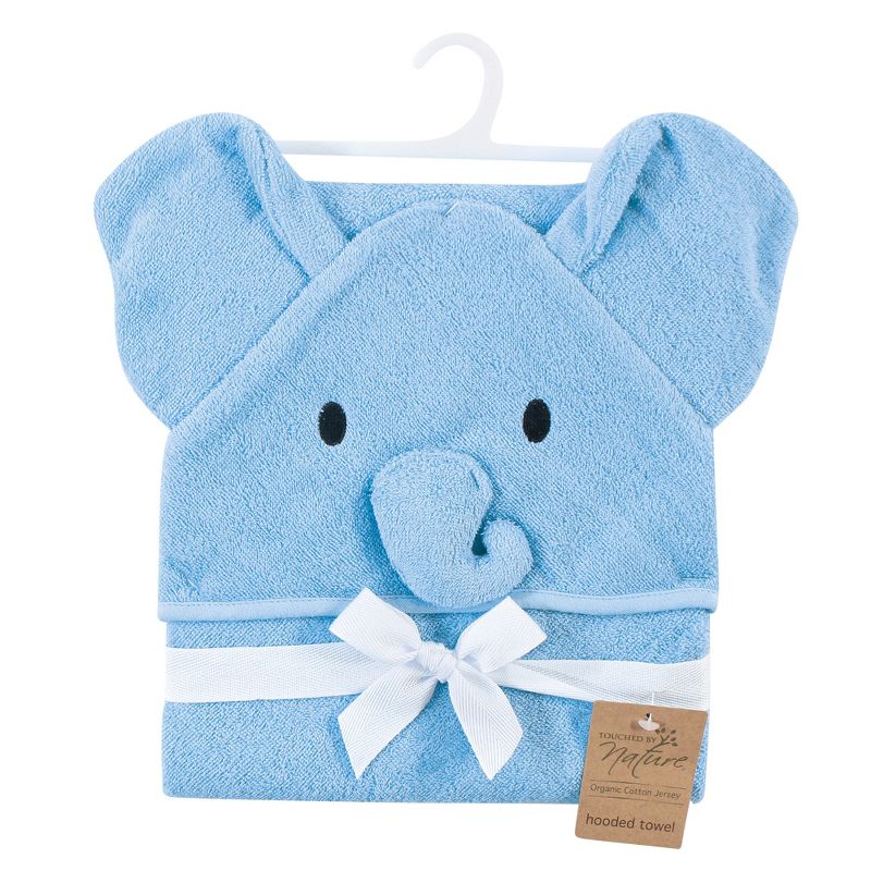 Touched by Nature Baby Boy Organic Cotton Animal Face Hooded Towels, Blue Elephant, One Size