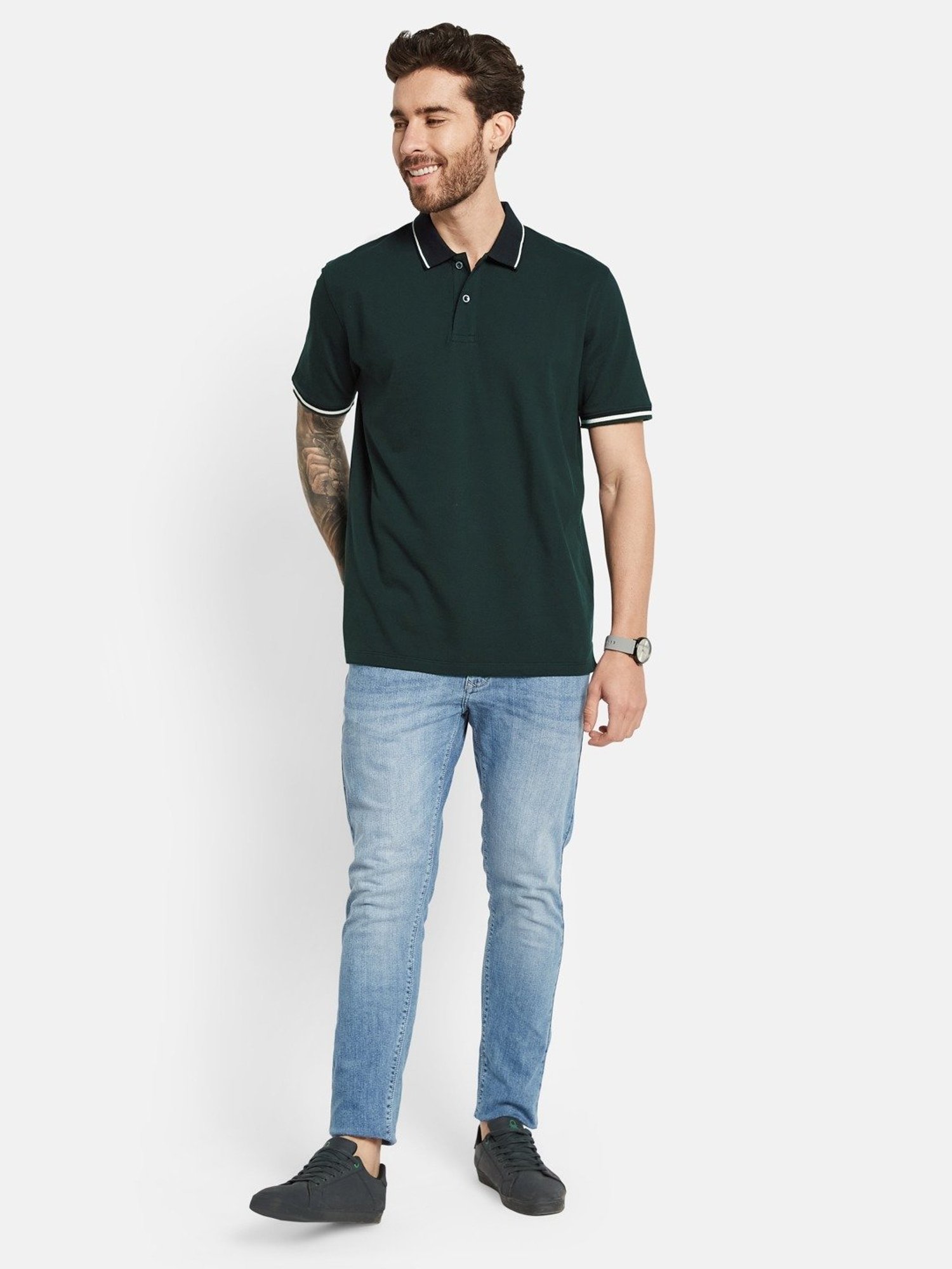 Octave Bottle Green Cotton Regular Fit Polo T-Shirt