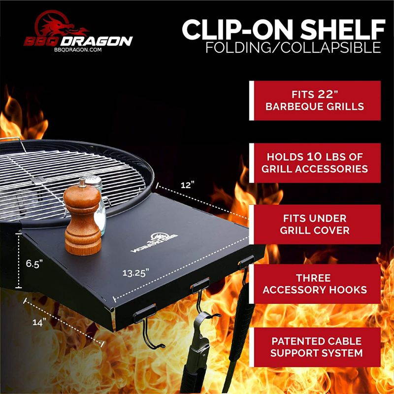 Grill Table Fits 22" Weber Charcoal Grills, Weber Grill Table, Weber Kettle Grill Accessories, BBQ Dragon Steel BBQ Table Folds to Store inside Barbecue Grill