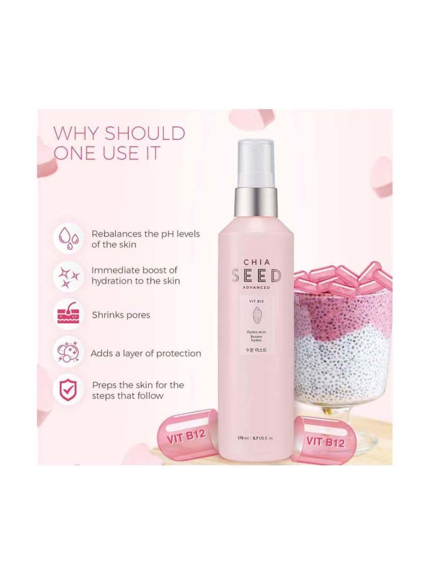 The Face Shop Hydro Mist with Vitamin B12 & Chia Seeds for 24Hr Hydration - 165 ml