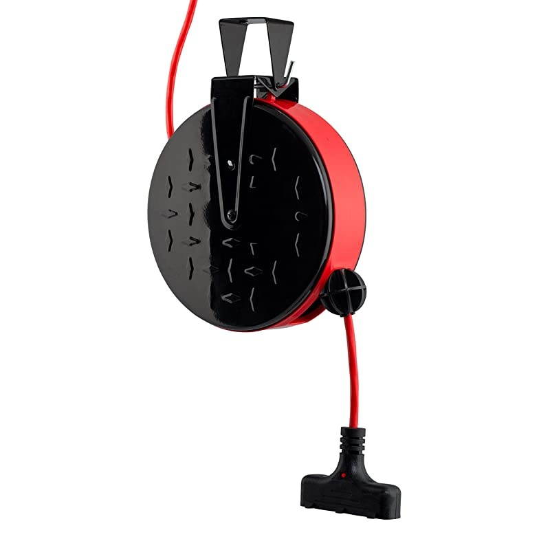 30 ft Retractable Extension Cord Reel Ceiling or Wall Mount 16 gauge Red and Black