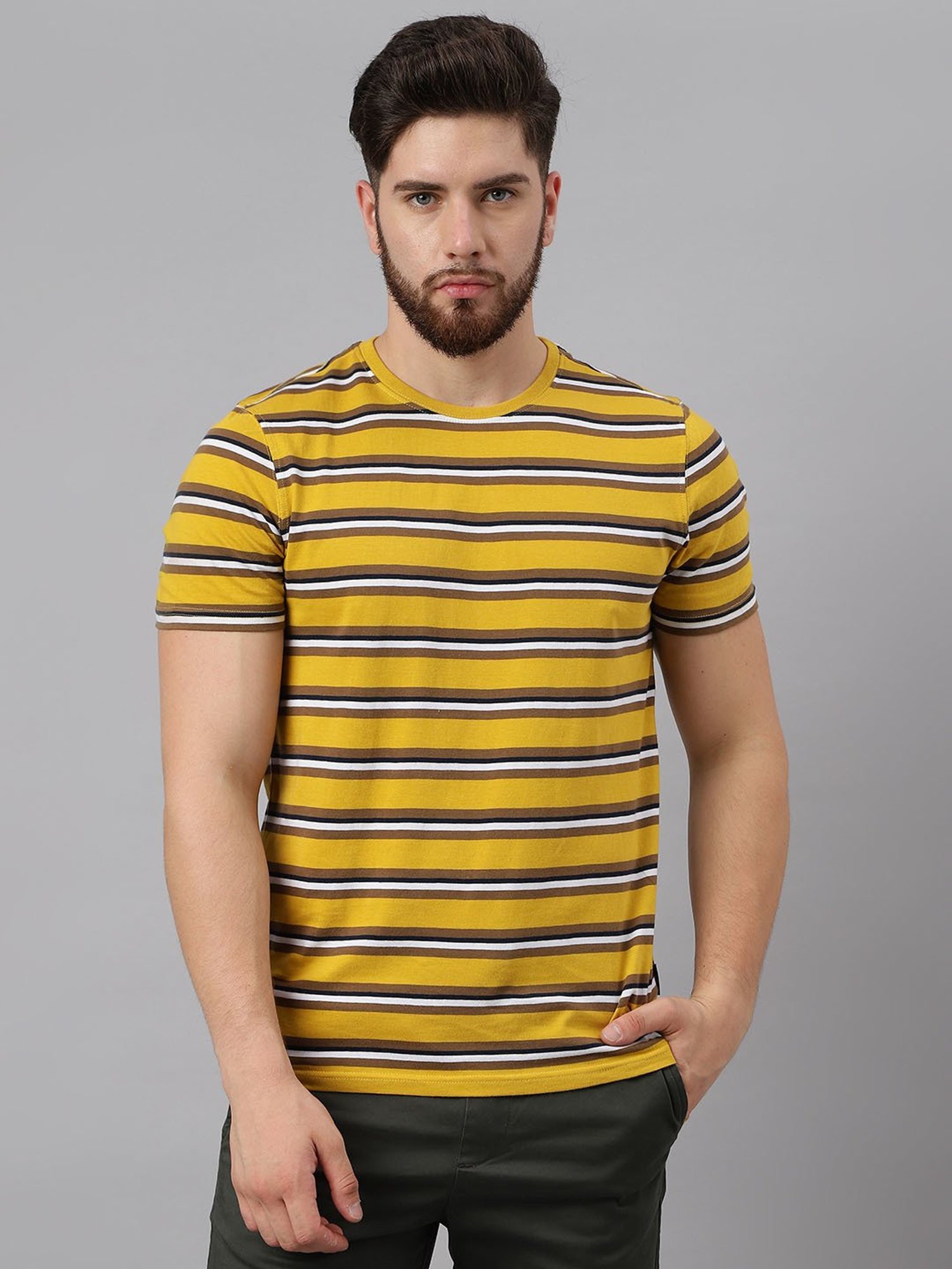 Woodland Mustard Cotton Regular Fit Striped T-Shirt