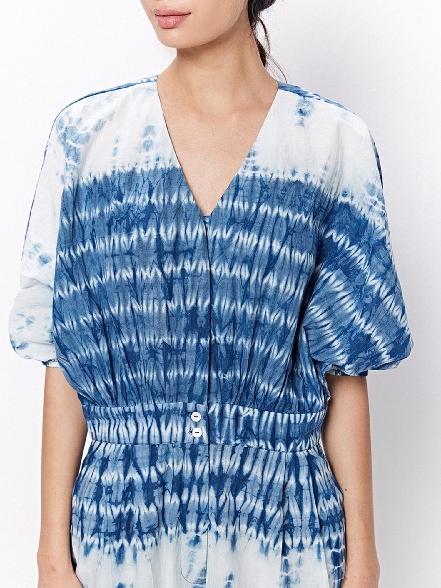 Ancestry Blue & White Cotton Printed Maxi Jumpsuit