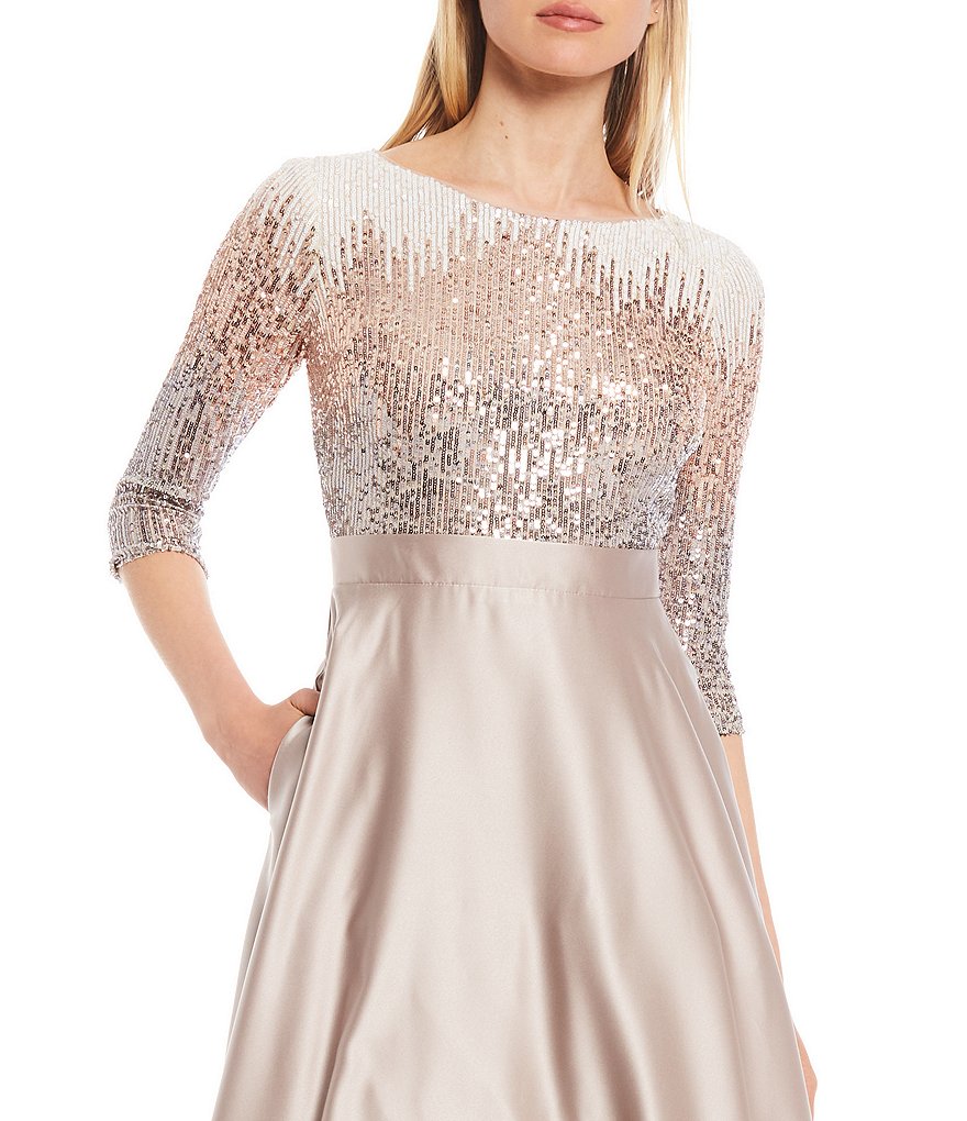 Betsy & Adam Sequin Bodice Boat Neck Elbow Sleeve Satin Ball Gown