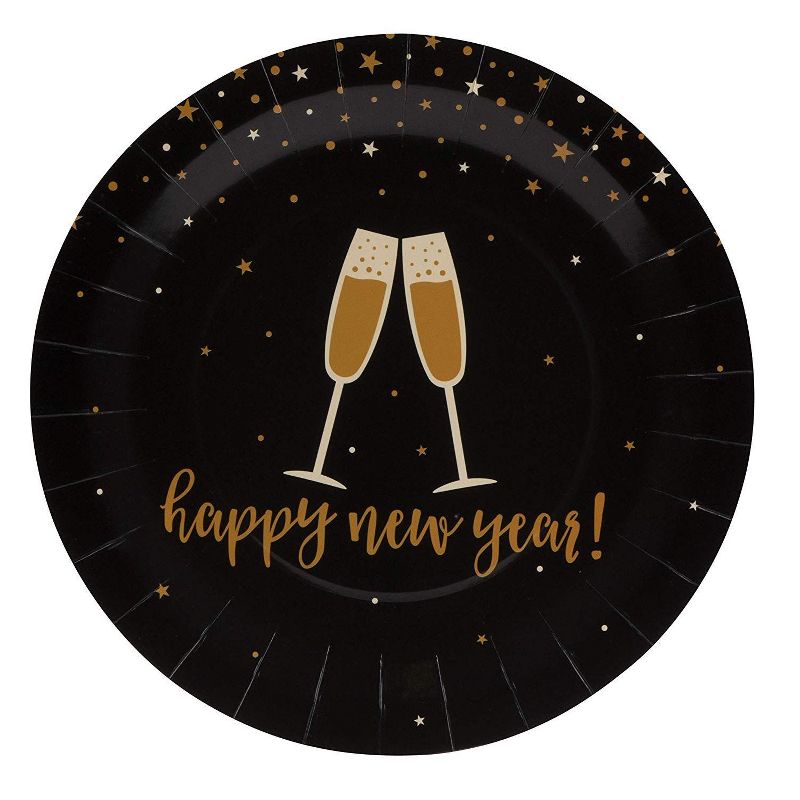 Juvale 80 Pack "Happy New Year" Paper Plates, Black & Gold New Year Party Supplies (9 In)