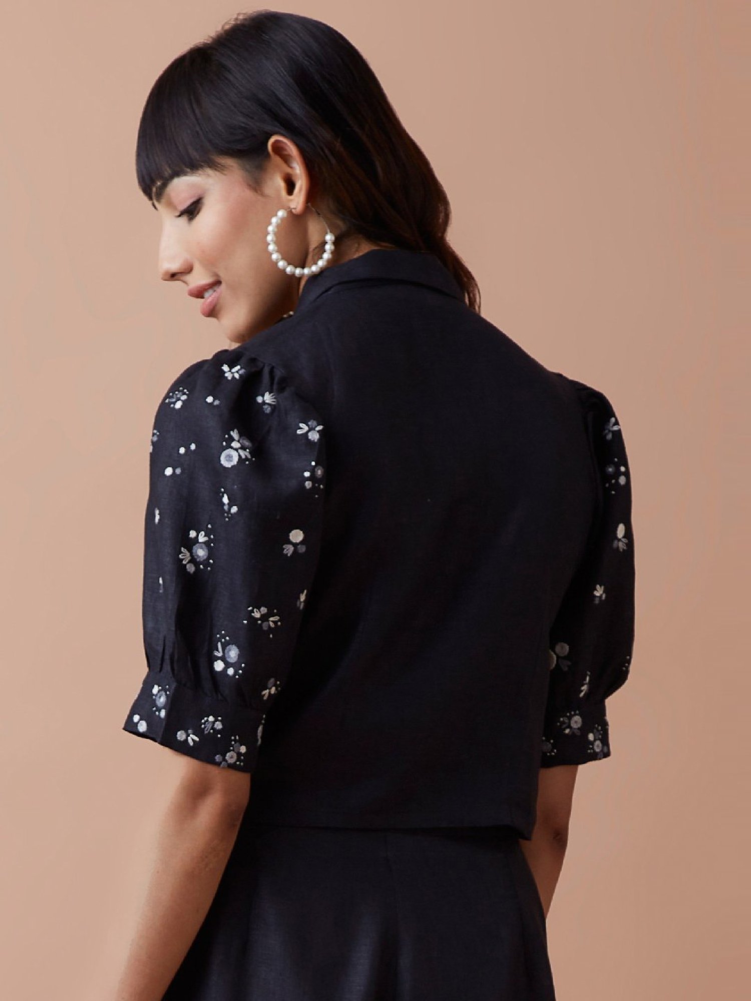 Okhai Mighty Black Linen Hand Embroidered Shirt