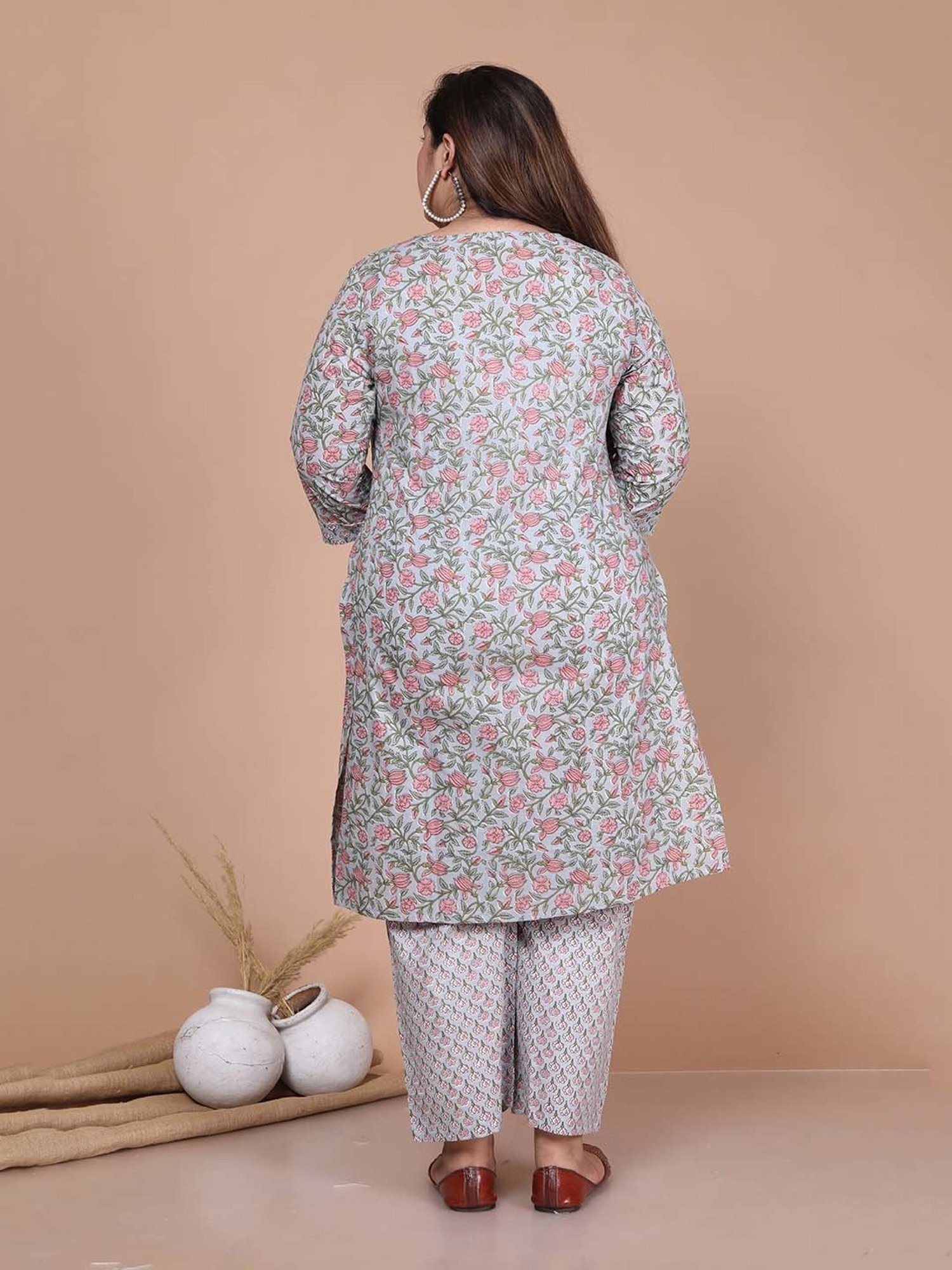 Miravan Blue Floral Print Plus Size Kurta With Palazzo & Dupatta