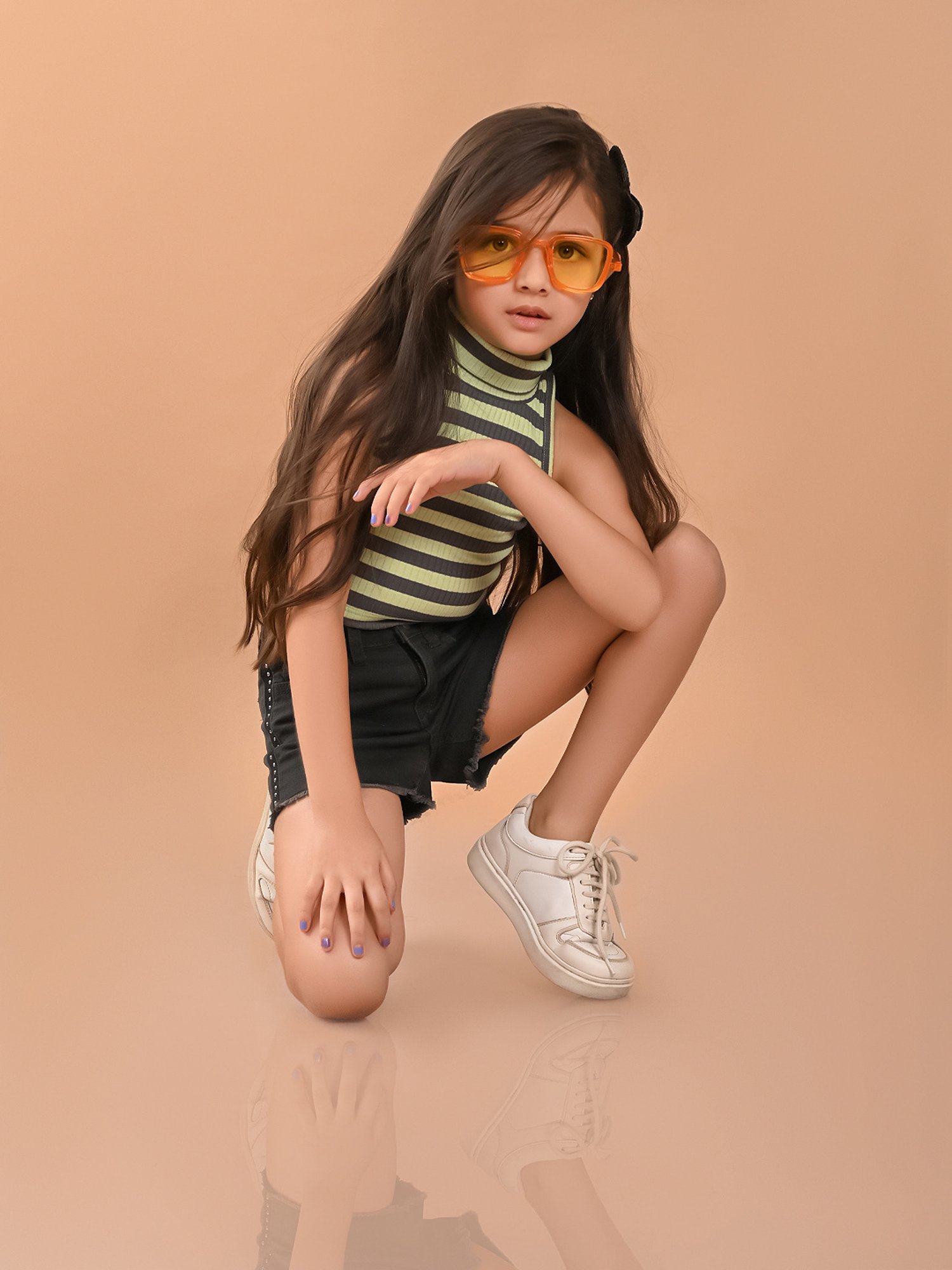 LilPicks Kids Light Green & Grey Striped Crop Top