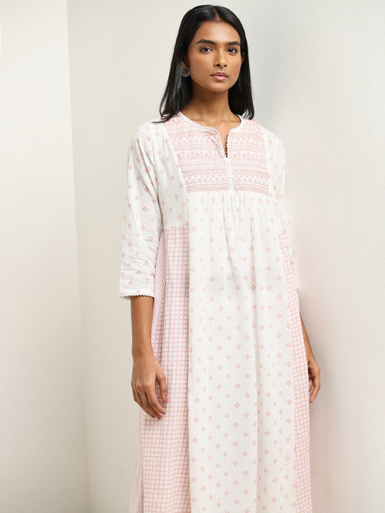 Utsa by Westside Light Pink Printed A-Line Cotton Kurta